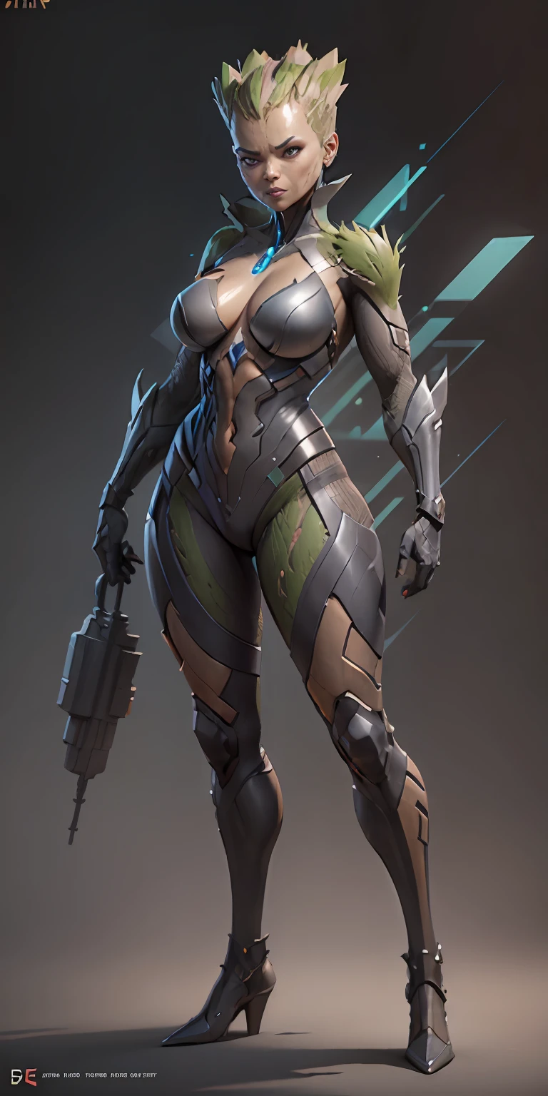 female Groot from Marvel, big breasts, frontal, full-length, looking at the camera, facing the audience, standing pose, simple background, three-dimensional light, detailed full-body concept, sleek digital concept art, beautiful full-body concept art, art trend, CGsociety full-length,