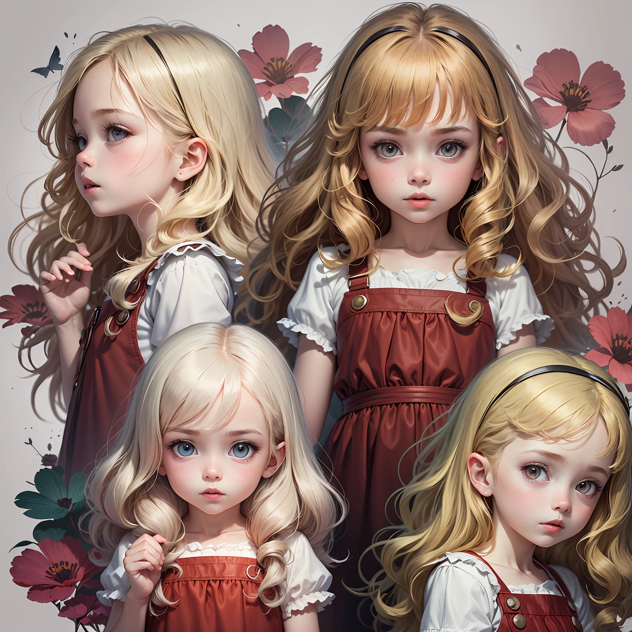 adventurous girl on white background, various poses and expressions, realistic children's book illustration style, cute, 6 , colors, blonde hair, long and curly, plain color, red dress, short sleeve - on white background - --auto --s2