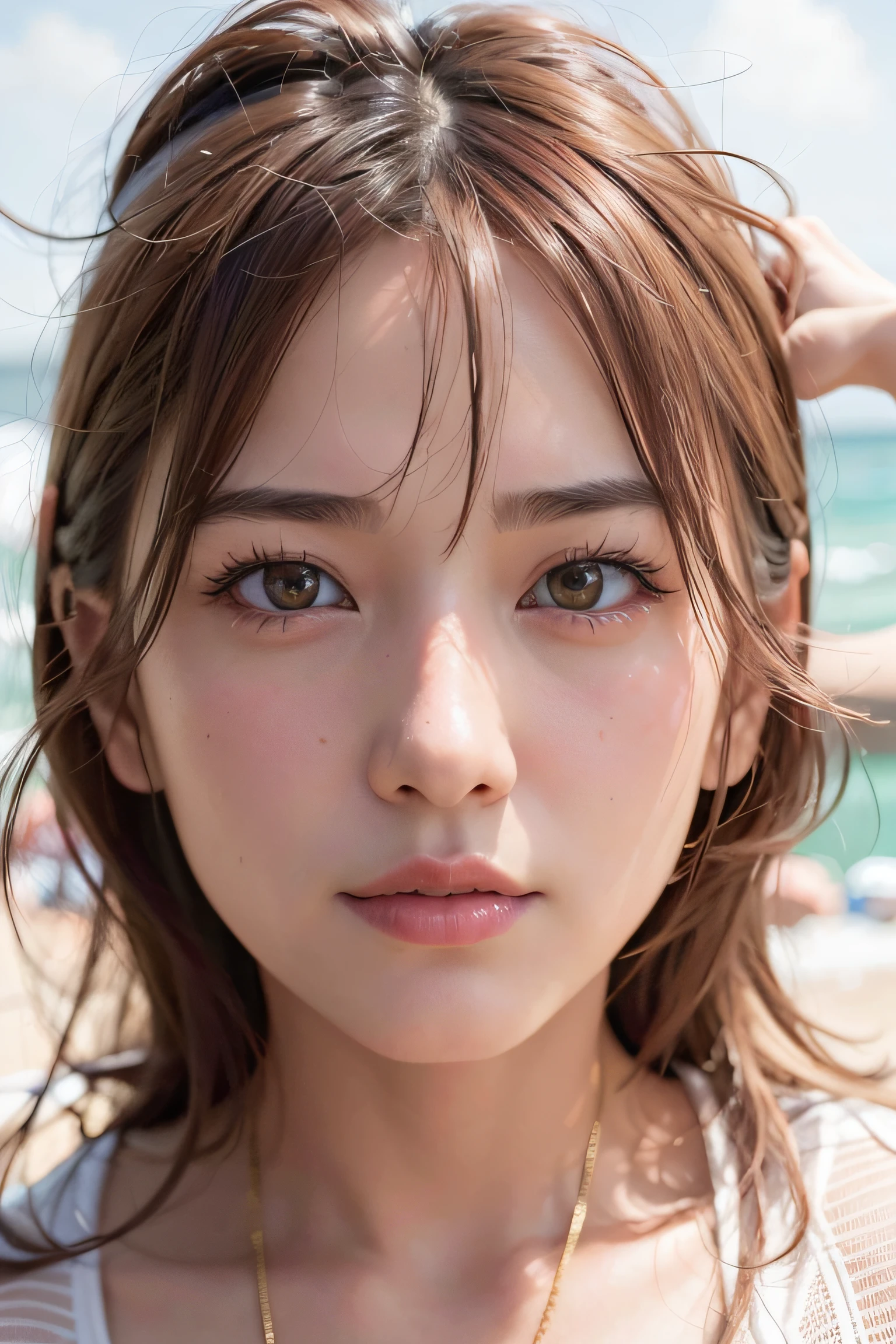 Close up portrait of woman with short hair, Realistic. cheng yi, Photorealistic beautiful face, beautiful realistic face, 8K highly detailed face, accurate ultra realistic faces, Realistic beautiful face, kawaii realistic portrait, 8K portrait rendering, 3 d anime realistic, An ultra - realstic face, hyperrealistic beautiful face, beautiful and realistic faces、The bikini、the beach