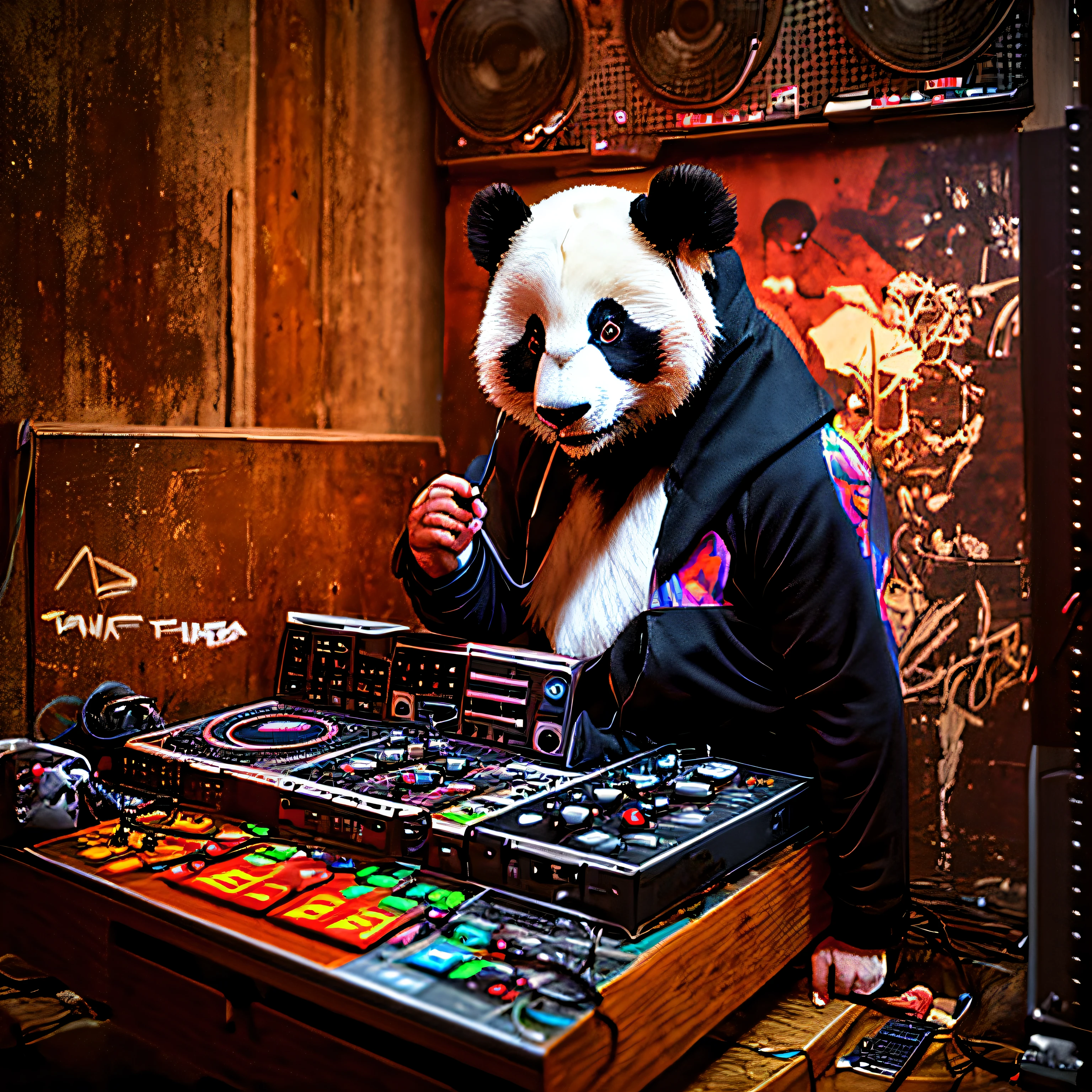 Urso panda sentado em uma mesa com uma mpc e uma vitrola antiga, usando roupa de hip hop estilo anos 90, produtor de hip hop, Wojtek FUS, foto de retrato, beatmaker em seu home studio, sujo e bagungado, with scattered sound equipment and jammed cables, urso panda esta fumando, arte estilo anime realista