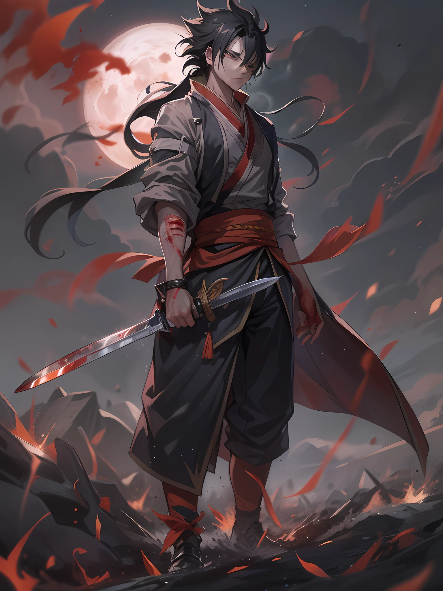 (((1men, (natsu_dragneel:1.2), 围巾, 无袖, 黑The eye, Black Flame, Arm Raised,))) Middle-aged Asian male，Rude male face，Rough male face，The arms are covered with long hair，Crimson clothes all over，Blood spills all over the body，There are a lot of shocking wounds，Blood kept pouring out of the wound，The eyes are full of madness，The mouth opens wide，Holding a large knife in his hand，It was surrounded by fallen enemies，China's Asian Ancient Battlefield，ancient battle field，Dynamic，slaughter，Dressed in ancient Chinese armor，default_outfit, standing, looking_at_viewer, solo, male_focus, Cowboy_shot, close up portrait, outdoors, (night, dark:1.25 ), street, (darkestdiffusion style:0.6), (evreka15 style:0.6), best quality, absurdres, highres, (original), (extremely detailed wallpaper), 8k, (color), (trending on artstation, cgsociety, pixiv: 0.85), The is very detailed, (连贯:1.5), (美丽的构图:1.2), (动态照明), (复杂:1.15), (对称:1.1), (hd:1.25), (masterpiece:0.9), (by atey ghailan 和 anton fadeev:0.9), [light_rays], moon, (blurry_background, depth of field:0.5), Official_Art,