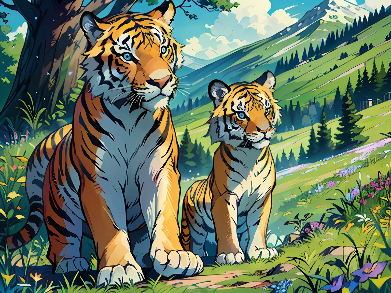 Two little tigers playing in the grass with bare mountains and a tree in the background