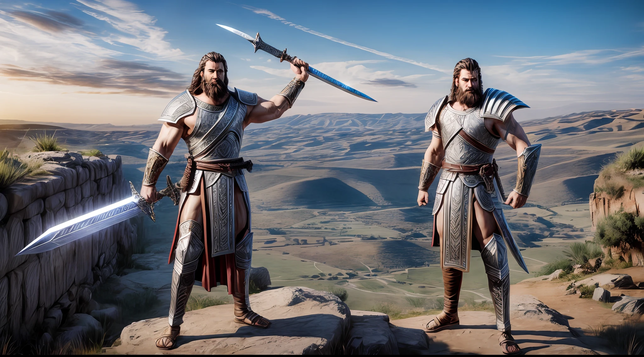 "In this extraordinary digital art masterpiece, envision the awe-inspiring character Golias from the Bible, depicting his immense stature and wielding his mighty sword with precision and power. Let the epic portrayal capture the essence of his vestimentas filisteus, radiating strength and magnificence, detailed sword in your hand, On a hilltop overlooking the Elah Valley,