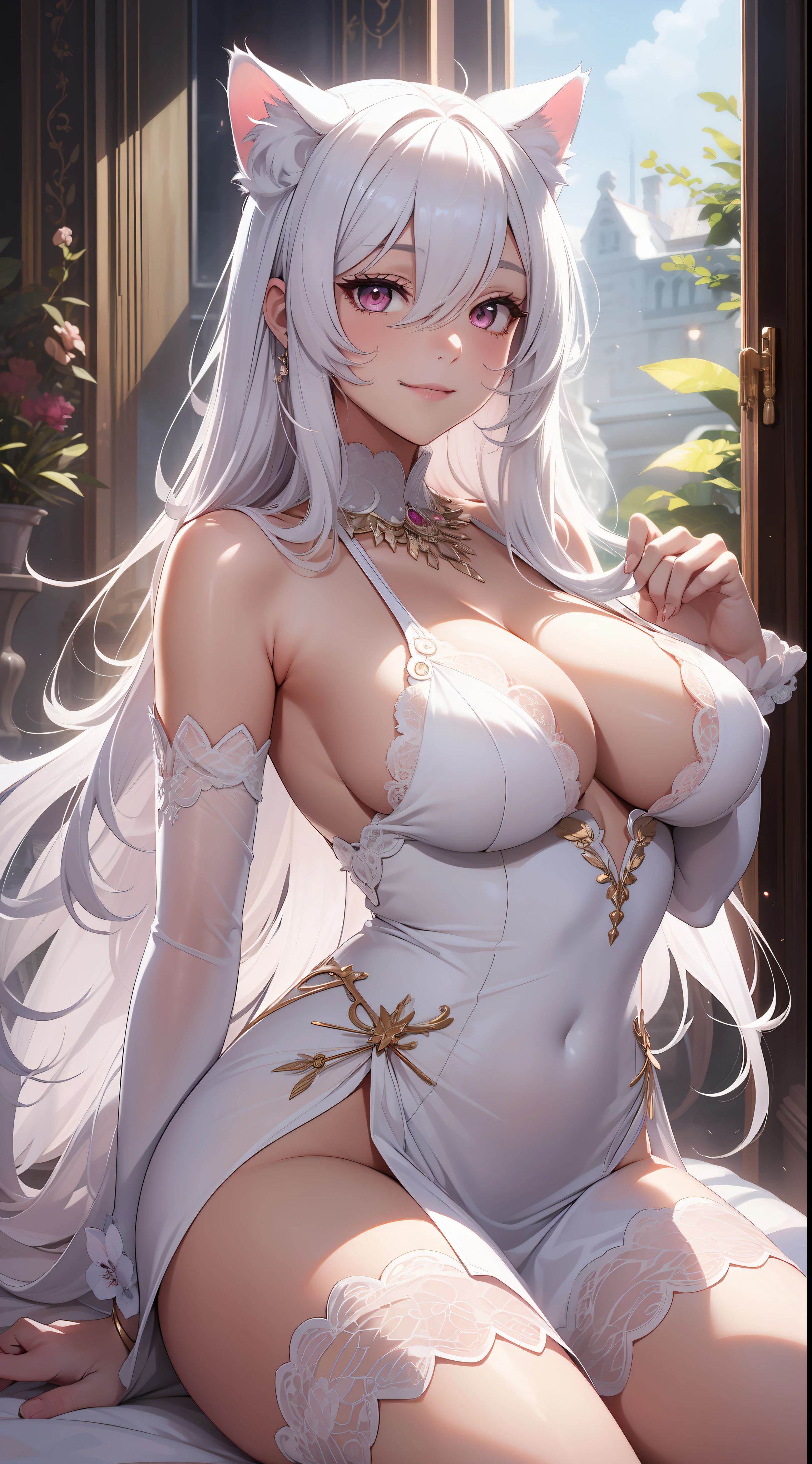 Adult female, Long white hair, pink eyes, cat ears, white gown, big chest, Lush breasts, Languid look, Smile Masterpiece, HighQuality