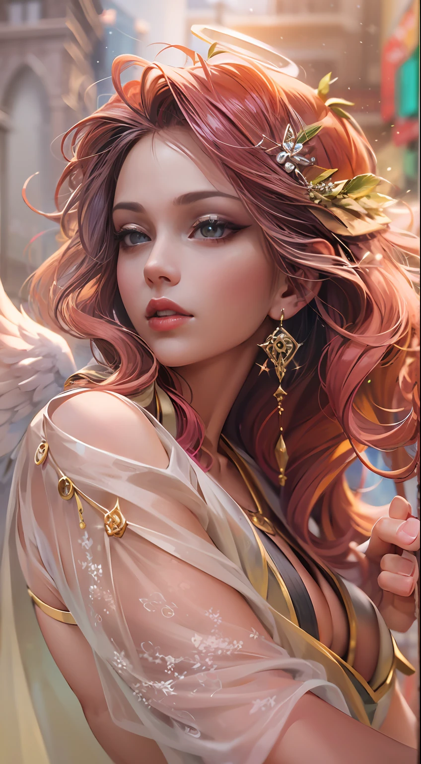 BEAUTIFUL angel with great WINGS with red emerald hair Standing by the door, full body a woman whose beauty rivals that of a goddess. Her presence commands attention, and her allure is undeniable. Adorned in a breathtakingly , she exudes a captivating confidence. Her skin, like porcelain, glows with an ethereal radiance, as if kissed by the heavens themselves. Every glance reveals a flawless canvas, a testament to her timeless BEAUTY.Her hair cascades in lustrous waves, a midnight black that glistens with each subtle movement. It frames her face like a halo, adding an air of mystery and enchantment to her already mesmerizing features.As the car glides through the city streets, her beauty seems to draw the gaze of passersby, leaving them spellbound by her mere presence. In that moment, she becomes a vision of grace and charm, a celestial being gracing the mortal realm with her divine allure, High-quality images exhibit attributes such as sharpness, clarity, fine-grained detail, color accuracy, vibrant tones, dynamic range, well-exposed composition, stunning clarity, impressive tonal range, remarkable sharpness, artistic composition, captivating angles, noise-free, high-resolution, true-to-life representation, beautiful bokeh effect, luminous highlights, distinct textures, natural skin tones, enhanced saturation, high-fidelity, and lasting impression.