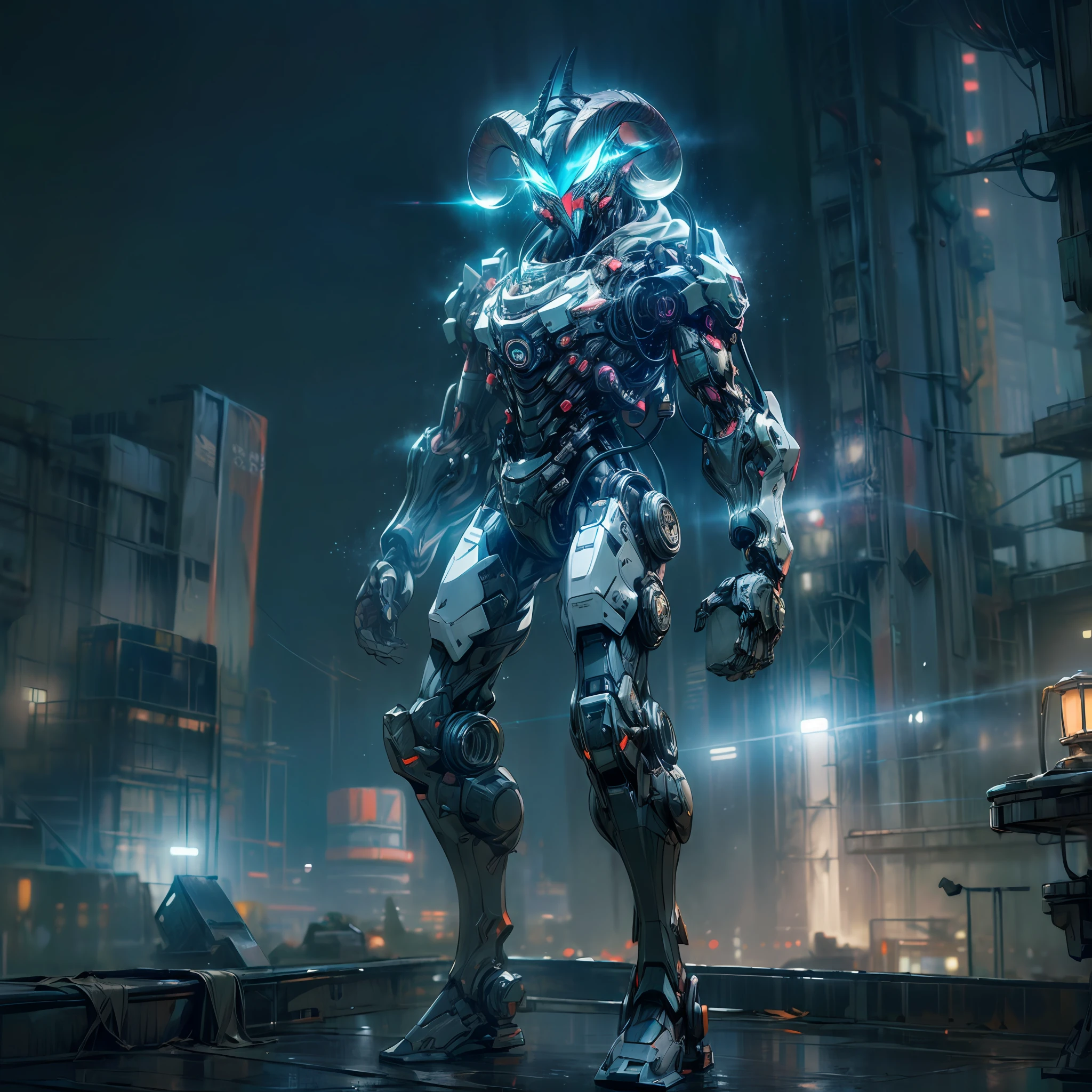 (anthropomorphism:1.5), (Full Body Shot), Cyberpunk, In the middle, 1 goat mecha(Mechanical style goat head, Blue glowing goggles, Gas mask, strong limbs, strong body), Standing on two legs, mechanical miracle, damaged Machine element,nobody, Moonlight, Dreamy Glow, ruined city, ( Global illumination, raytracing, HDR, unreal render,reasonable design, masterpiece, best quality, UHD, Cinematic Lighting),
