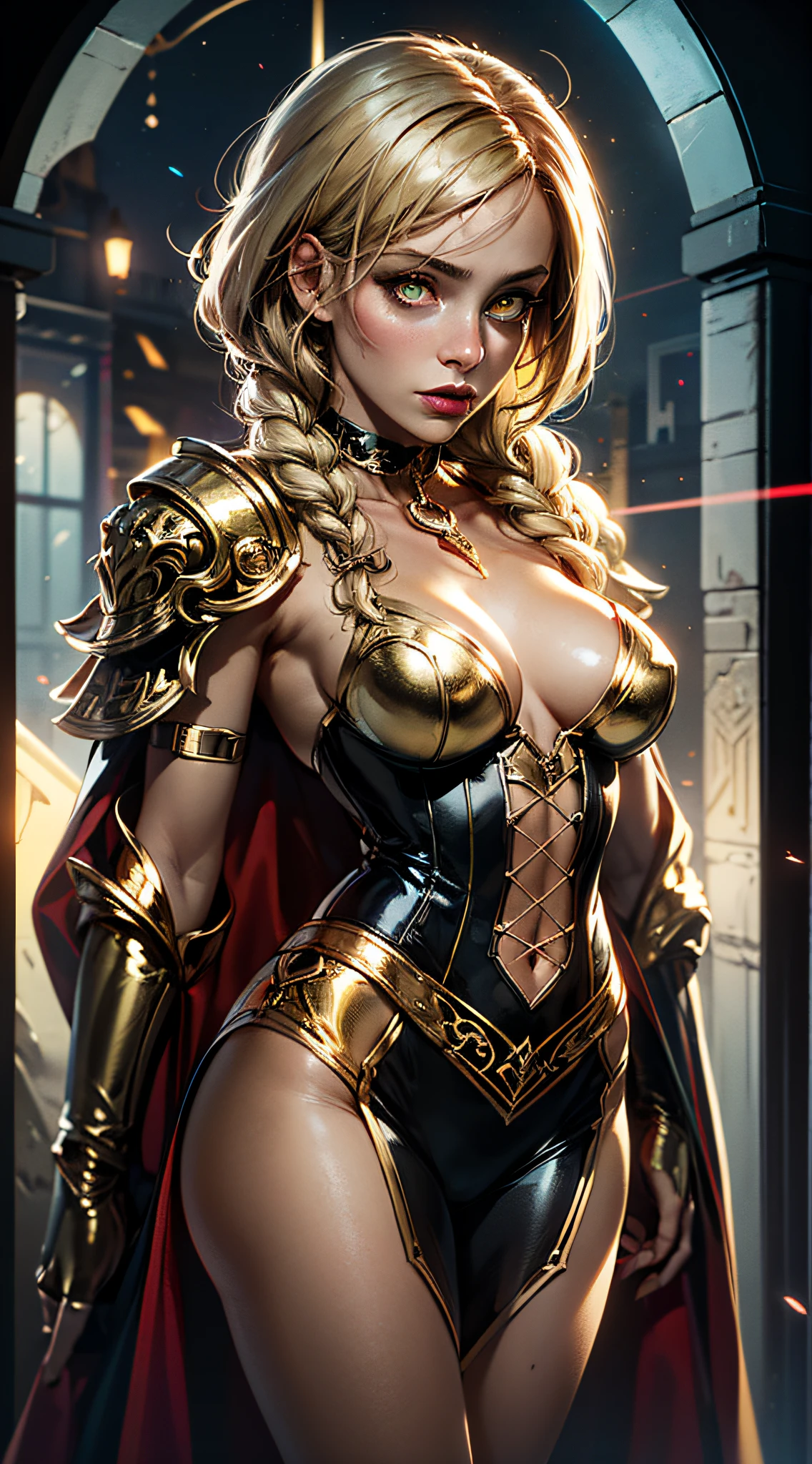 1girl, full breasts, slim waist, wearing ornate golden shoulder pads, choker, golden mesh bustier, single braid, blonde, bright yellow eyes, bright pupils, eye focus, red cape, temple indoors, stained glass, night, moonlight, particles, beam of light, chromatic aberration, intense energy emanating from body, yellow vapor coming out of eyes