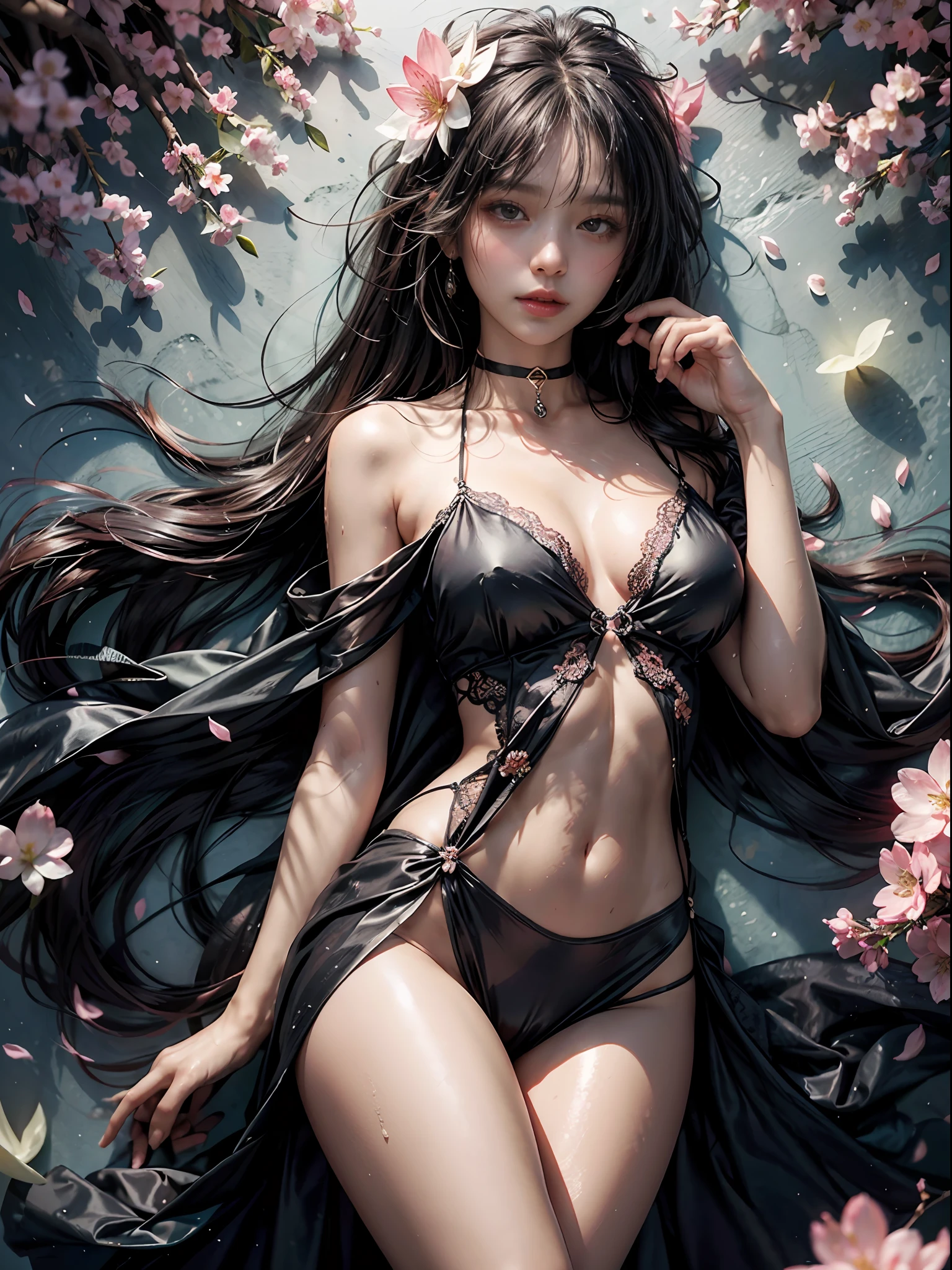 loose outfit、Show shoulders、dark color string dress、How to wear a black gown、Decorated with intricate patterns and bright colors、Transparent material that makes the skin shine、Artistic depiction of seductive woman in gown with wet thin cloth and transparent skin, Floral and fantastic pattern with flowing silky traditional see-through skin。Her dress draped elegantly around her curvaceous figure、Emphasizes her charming silhouette。She's a gentle fireworks night、Dynamic Posing、Sexy Posing、bathed in the soft glow of moonlight。The scene is、With a hint of mystery and sensuality、It exudes an ethereal dreamy atmosphere。The image style is、Incorporates a blend of watercolor and digital illustration techniques.、It makes you feel delicate beauty and charm。Soft moonlit lighting、Cast gentle highlights and shadows on her mesmerizing features。Dynamic Posing、Bold poses、The hand is somewhere、see -through、show through、A sexy、Wet hair、Wet、(cherry trees、flower petals、cherryblossom、The cherry tree、Sakura Snowstorm 1.5)、buried、Transparent skin、Wet clothes、(Chest 1.2)、Navel Ejection、Swaying in the wind、Burgundy、pale red、(Slouch 1.5)、Lace colors、lace choker、a choker、Lie on your back on the surface of the water、New lining、