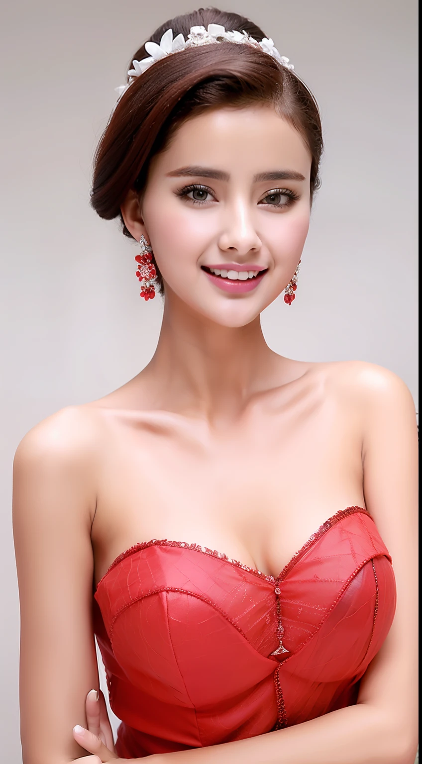 Fashion model 18 years old [[[[closeup cleavage]]]], [[[[boobgasm]]]], [[[[coll]]]], [[[[bshoulders]]]], perfect  eyes, Perfect iris，perfect lips，perfect teeth，Perfect skin，Long face，Soft front light，HDR，red attire，white apparel，White or pink flowers on the background，（pastel colour：1.2）