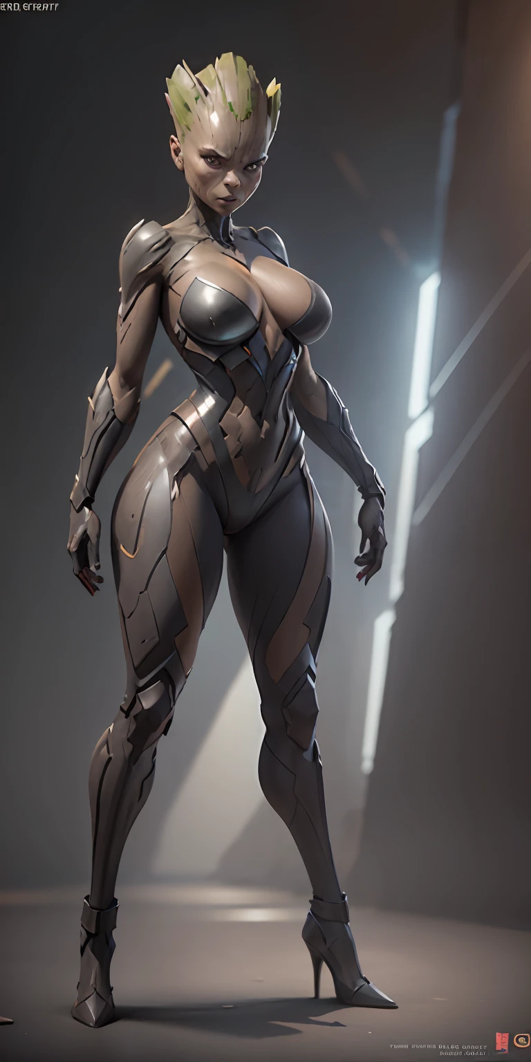 female Groot from Marvel, big breasts, frontal, full-length, looking at the camera, facing the audience, standing pose, simple background, three-dimensional light, detailed full-body concept, sleek digital concept art, beautiful full-body concept art, art trend, CGsociety full-length,