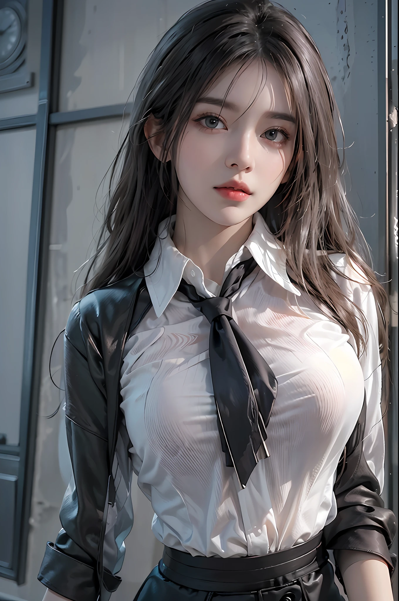 photorealistic, high resolution, 1 women, solo, waist up, beautiful eyes, close lips, detailed face, white hair, long hair, collared shirt, black necktie,black skirt, pencil skirt, fur coat, stockings