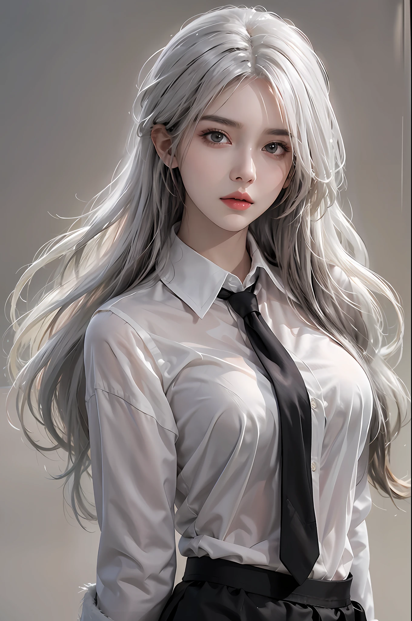 photorealistic, high resolution, 1 women, solo, waist up, beautiful eyes, close lips, detailed face, white hair, long hair, collared shirt, black necktie,black skirt, pencil skirt, fur coat, stockings