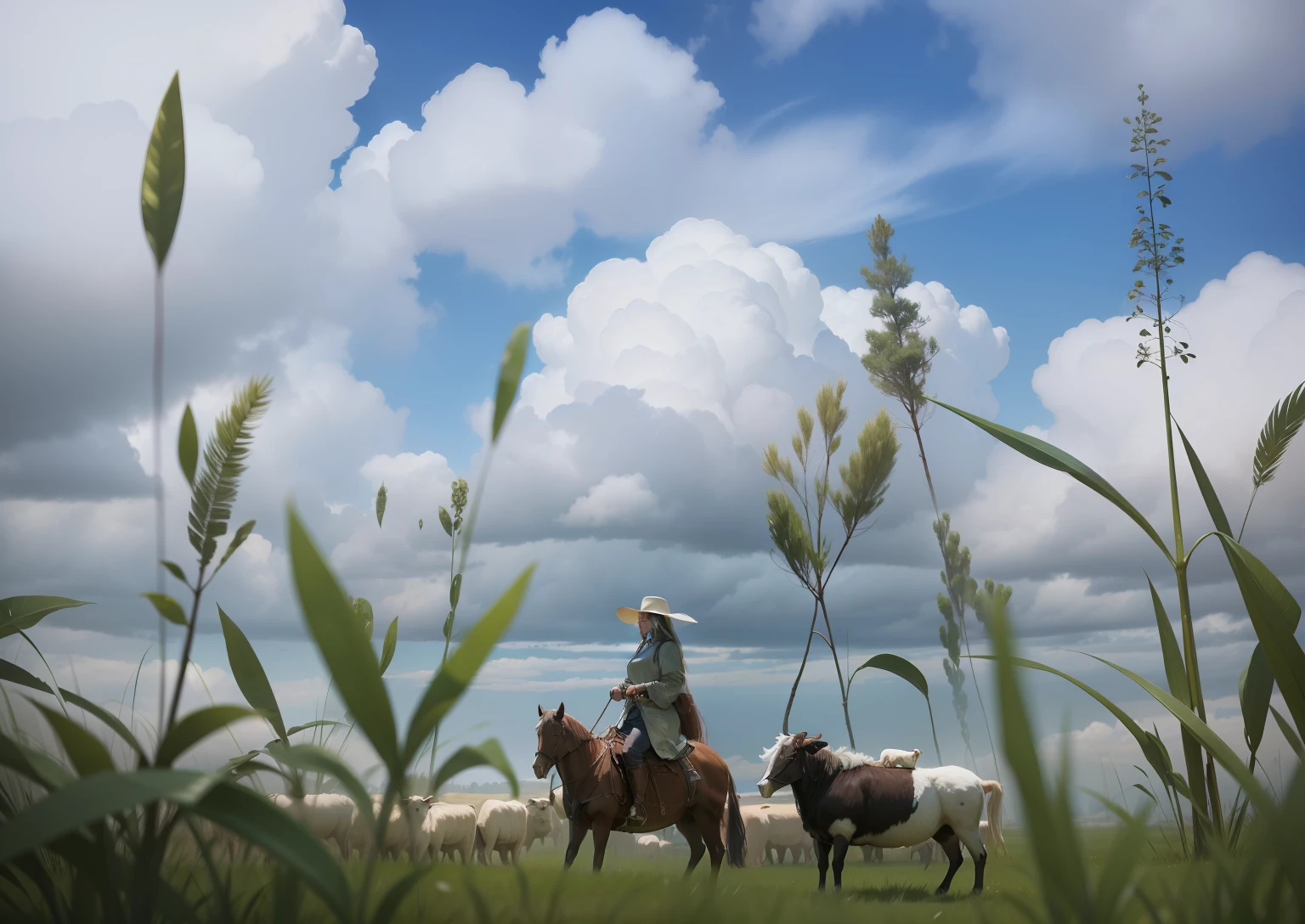 large grassland，Herds of cattle and sheep，A maiden on horseback