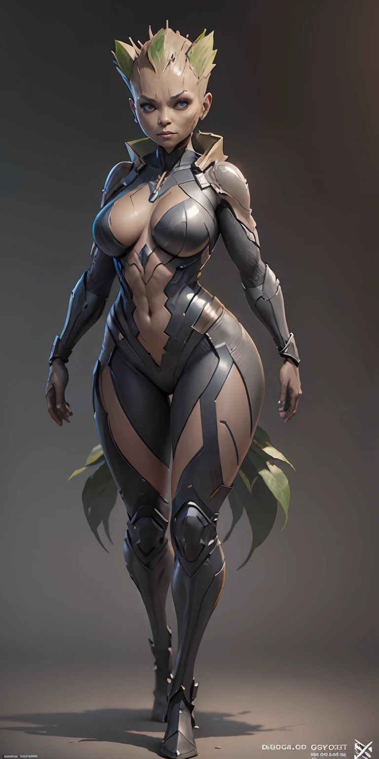 female Groot from Marvel, big breasts, frontal, full-length, looking at the camera, facing the audience, standing pose, simple background, three-dimensional light, detailed full-body concept, sleek digital concept art, beautiful full-body concept art, art trend, CGsociety full-length,
