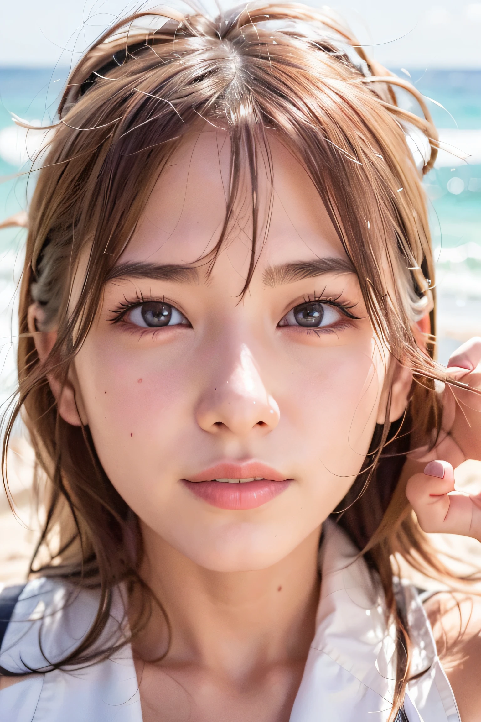 a smile, 18year old, The bikini, the beach、Upper body photo、large full breasts