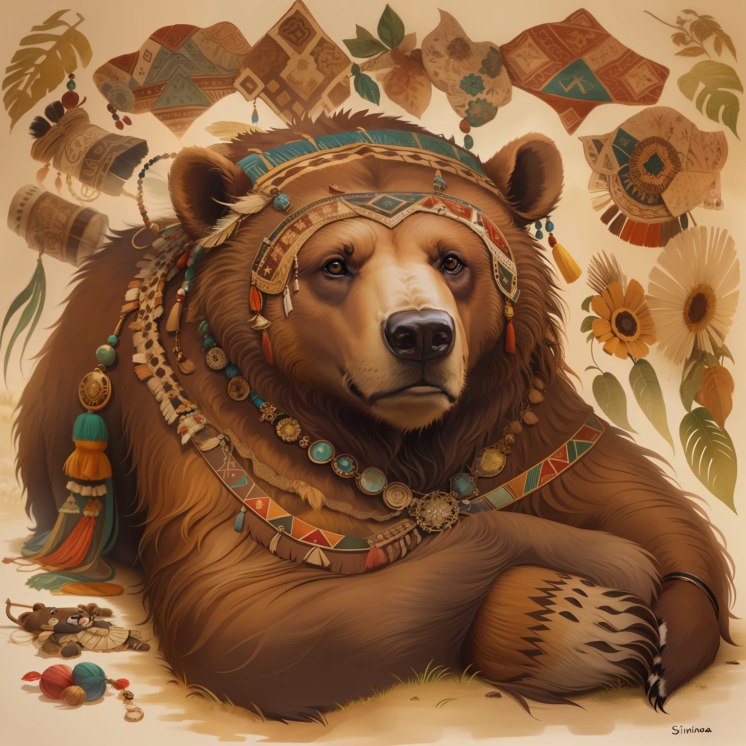 A brown bear with indigenous accessories lying down, imagem alto detalhe, simetria, Arte de Fantasia