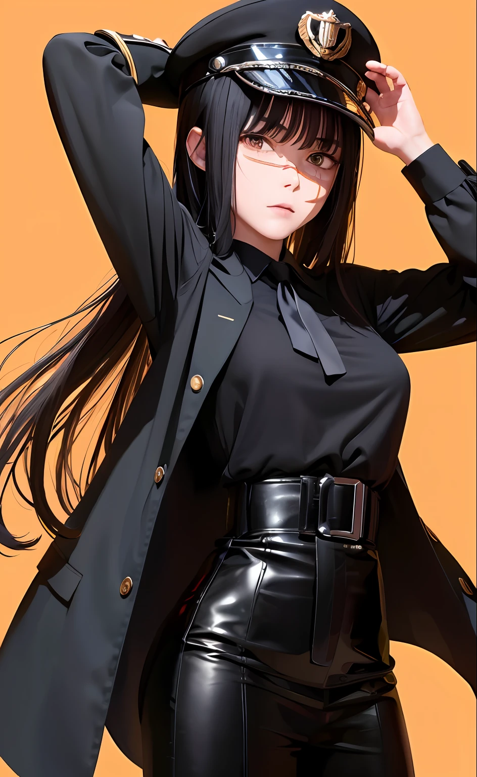 (masterpiece, best quality: 1.2), Solo, 1girl, Yoru \(Chainsaw Man\), looking right, disappointment, sad, different poses, red eye, long hair, completely black hair, reference to dress of a German general of World War II, black long sleeves, black tie, clanca shirt, (best quality), scar on face, beautiful eyes, has only 2 arms, has war medals on his clothes, Black Military Cap, Golden Eagle Medal on Clothing, (wallpaper), (8K HD), (8K HD), Golden shoulder pads, Sprites, 1 single design, presenting armpit, side boob, arm up,