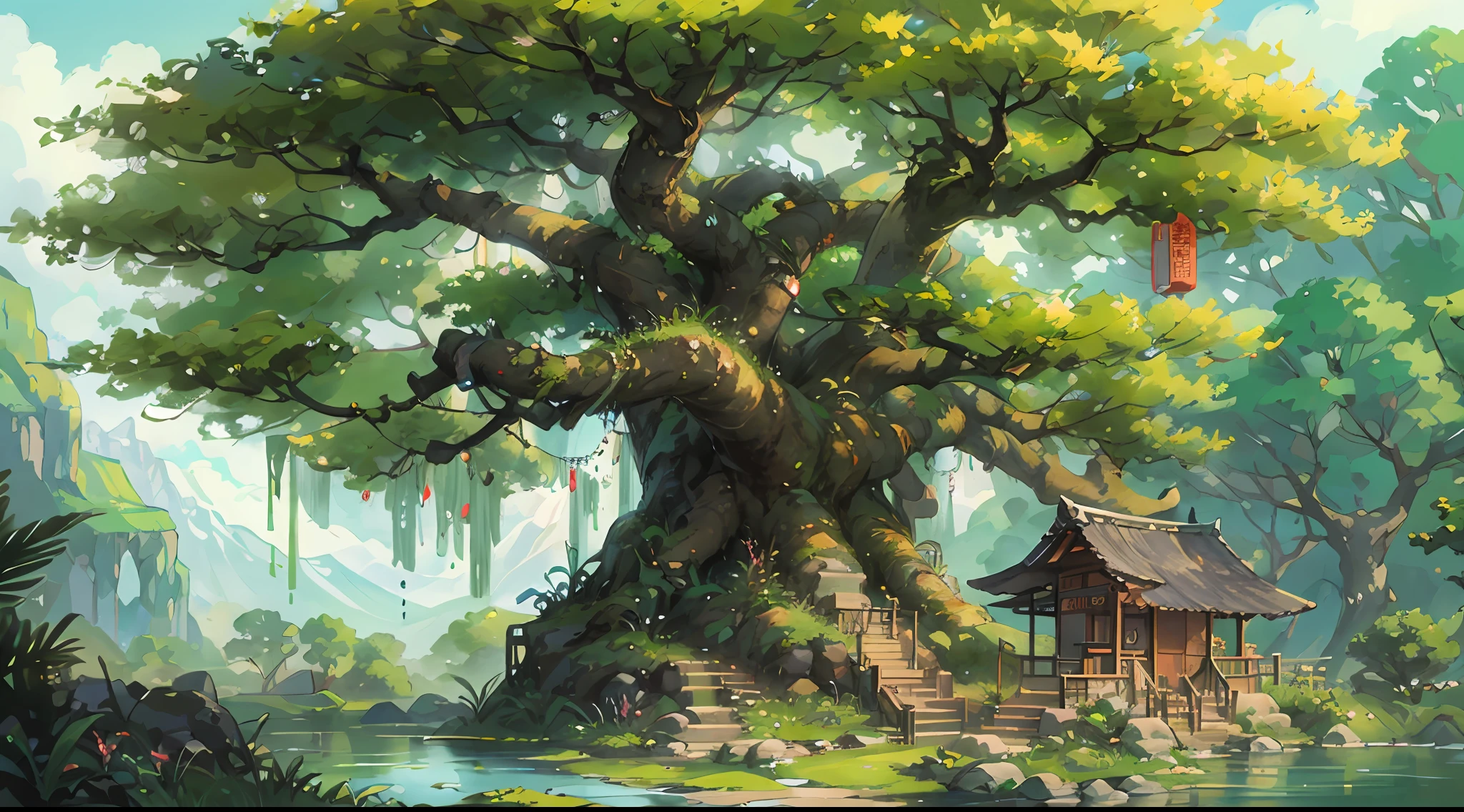 Chinese Antiquity、(A huge ancient tree、Flourishing)thatched hut、springtime、jungles、lakes、hole in the mountains、waterfallr、grassy fields、Rochas、hot onsen、hydrosphere、(illustratio:1.0)、Epic composition、Realistic lighting、high definition detail、tmasterpiece、Best quality,(非常详细的 CG 统一 8k 壁纸)