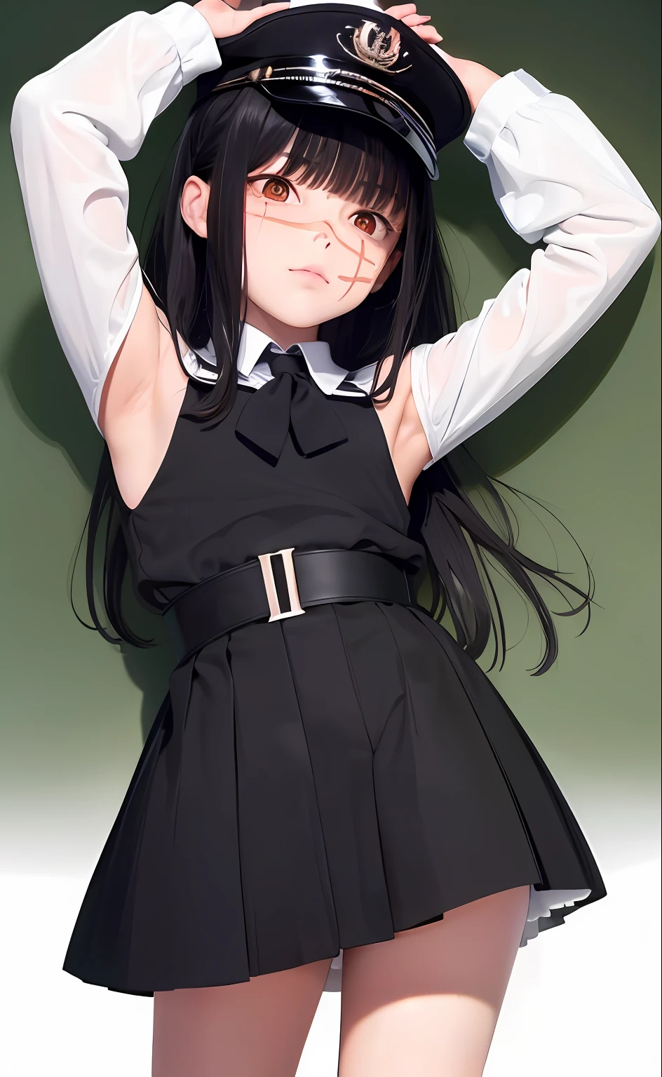 (masterpiece, best quality: 1.2), Solo, 1girl, Yoru \(Chainsaw Man\), looking right, disappointment, sad, different poses, red eye, long hair, completely black hair, reference to dress of a German general of World War II, black long sleeves, black tie, clanca shirt, (best quality), scar on face, beautiful eyes, has only 2 arms, has war medals on his clothes, Black Military Cap, Golden Eagle Medal on Clothing, (wallpaper), (8K HD), (8K HD), Golden shoulder pads, Sprites, 1 single design, presenting armpit, side boob, arm up,