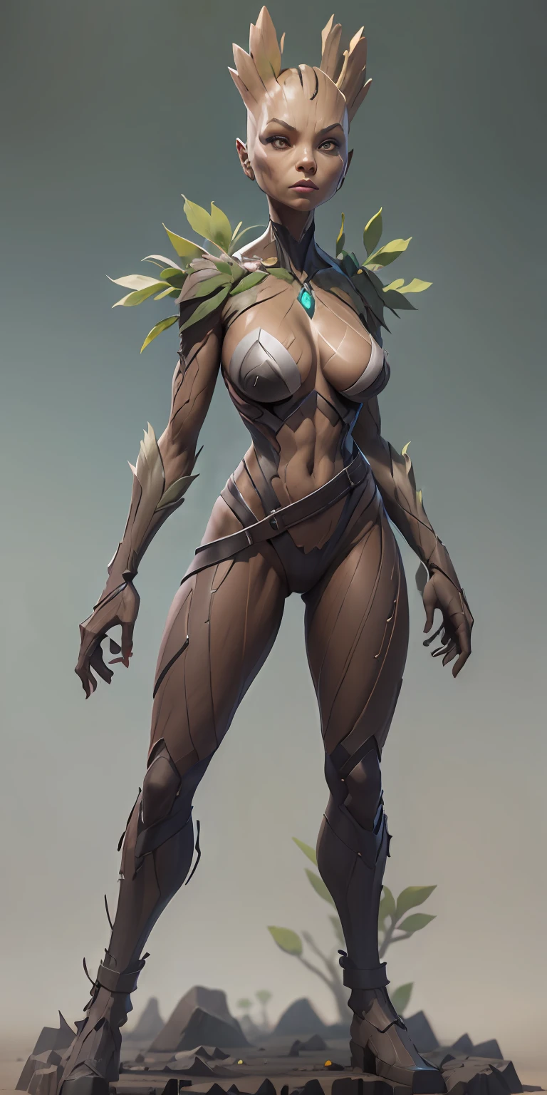 female Groot from Marvel, big breasts, frontal, full-length, looking at the camera, facing the audience, standing pose, simple background, three-dimensional light, detailed full-body concept, sleek digital concept art, beautiful full-body concept art, art trend, CGsociety full-length,