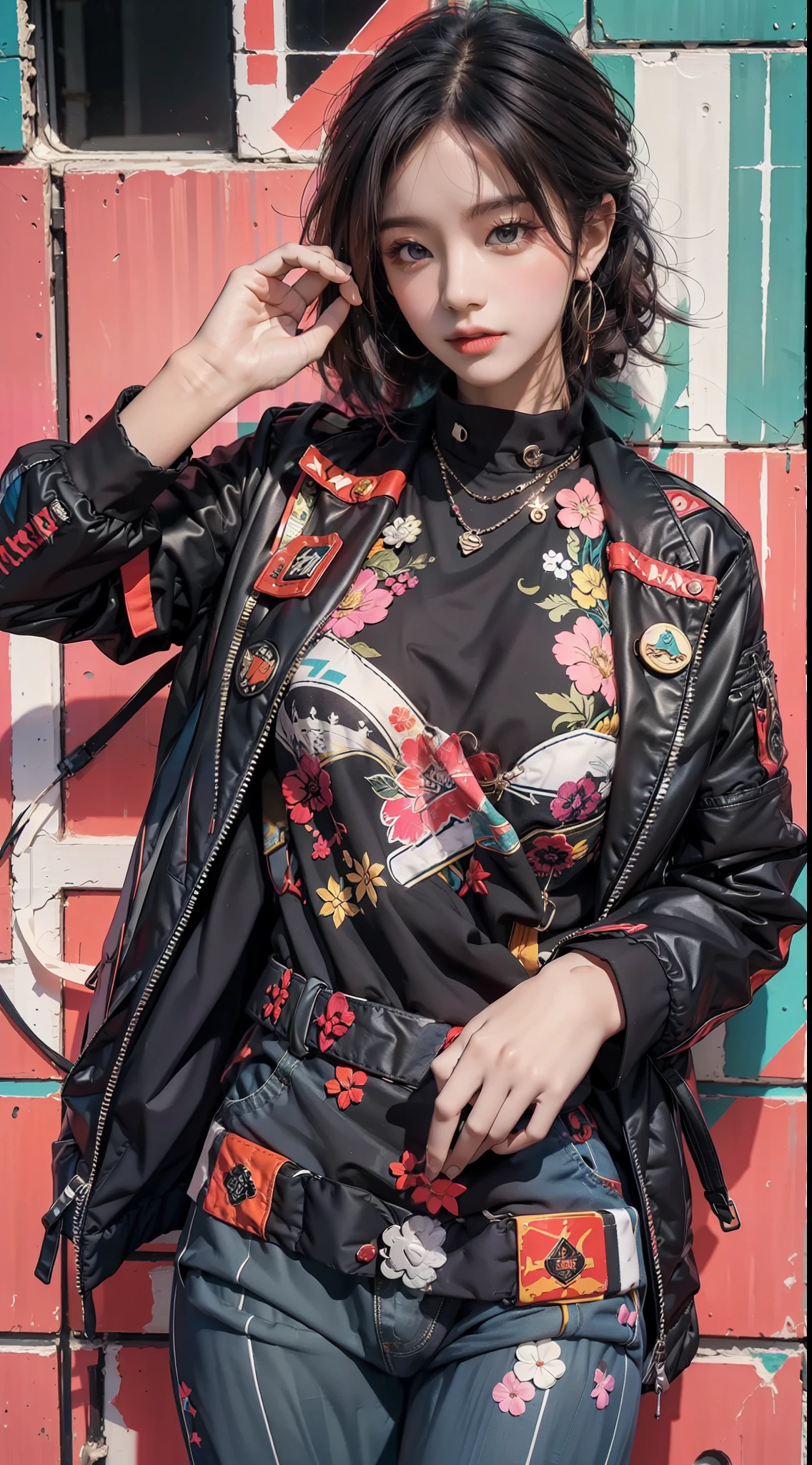 Kizi, Sexy, Handsome movements，Sideways photo，Colorful color scheme，Trendy clothing，Columnar patch background，Geometric pattern stitching background，