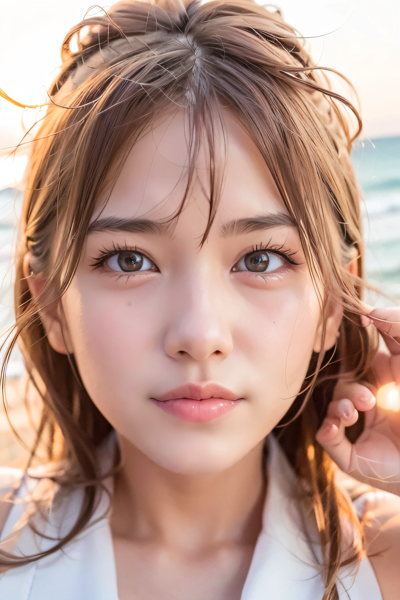 a smile, 18year old, The bikini, the beach、Upper body photo、large full breasts