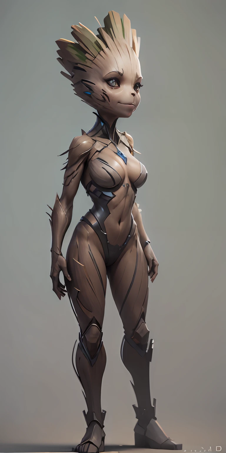 female Groot from Marvel, big breasts, frontal, full-length, looking at the camera, facing the audience, standing pose, simple background, three-dimensional light, detailed full-body concept, sleek digital concept art, beautiful full-body concept art, art trend, CGsociety full-length,