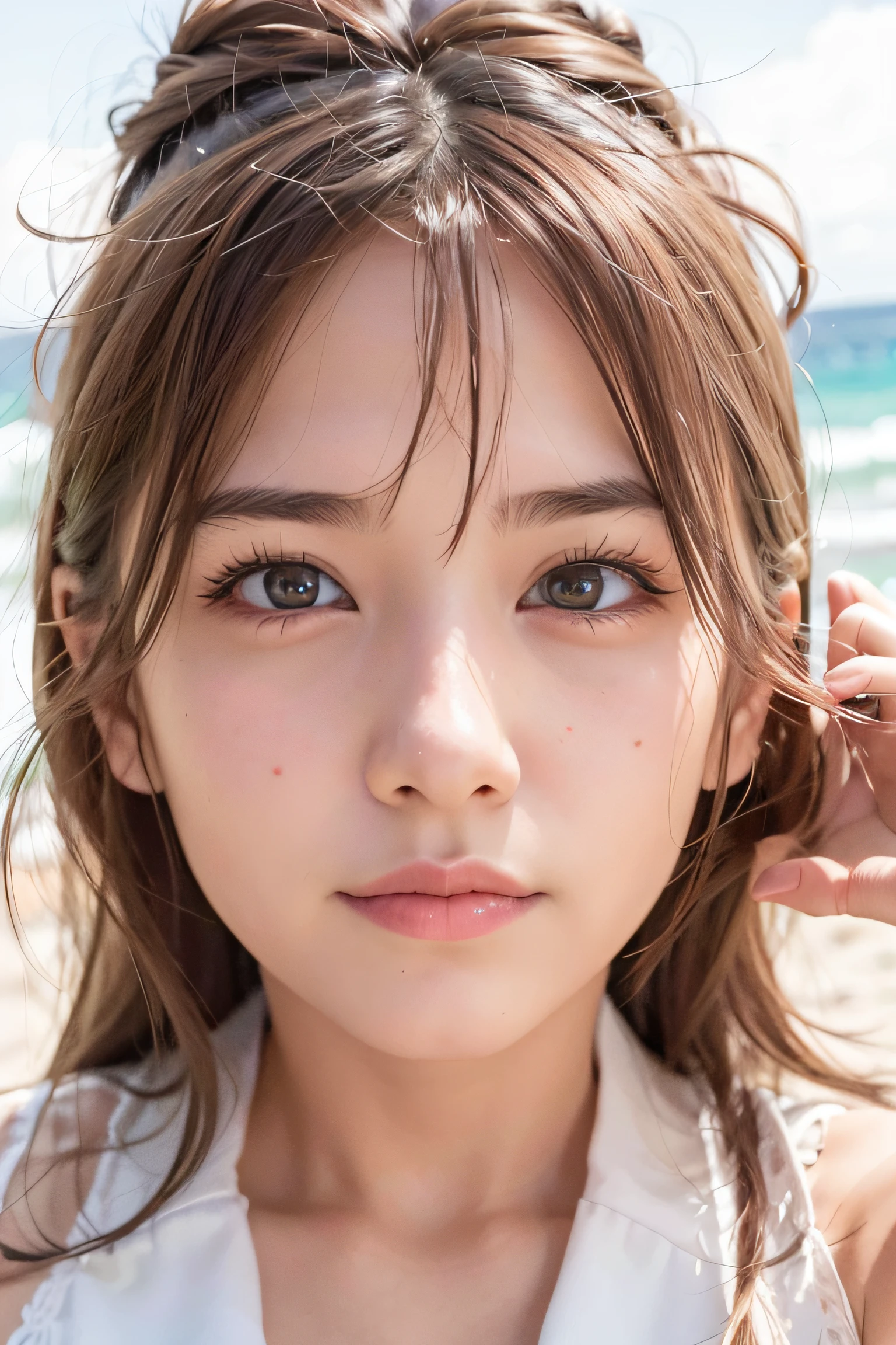 a smile, 18year old, The bikini, the beach、Upper body photo、large full breasts