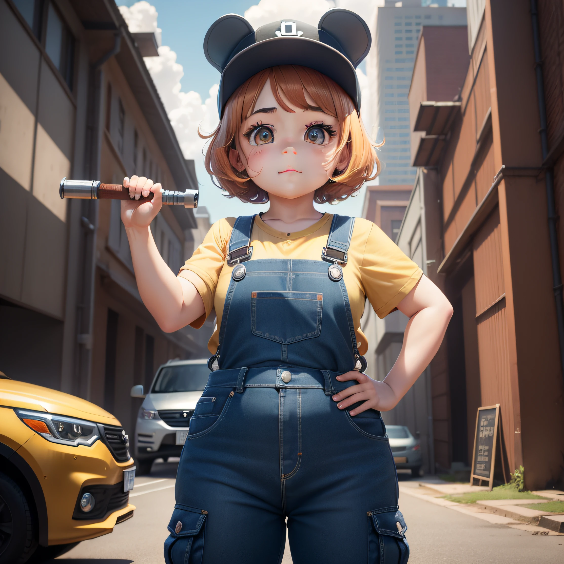 positive energy、adolable、Main colors、Maintenance、Emotion、Cute corporate mascot、Chubby、Big eyes cute、Wrench in hand、Car image、Cargo pants、Suspenders