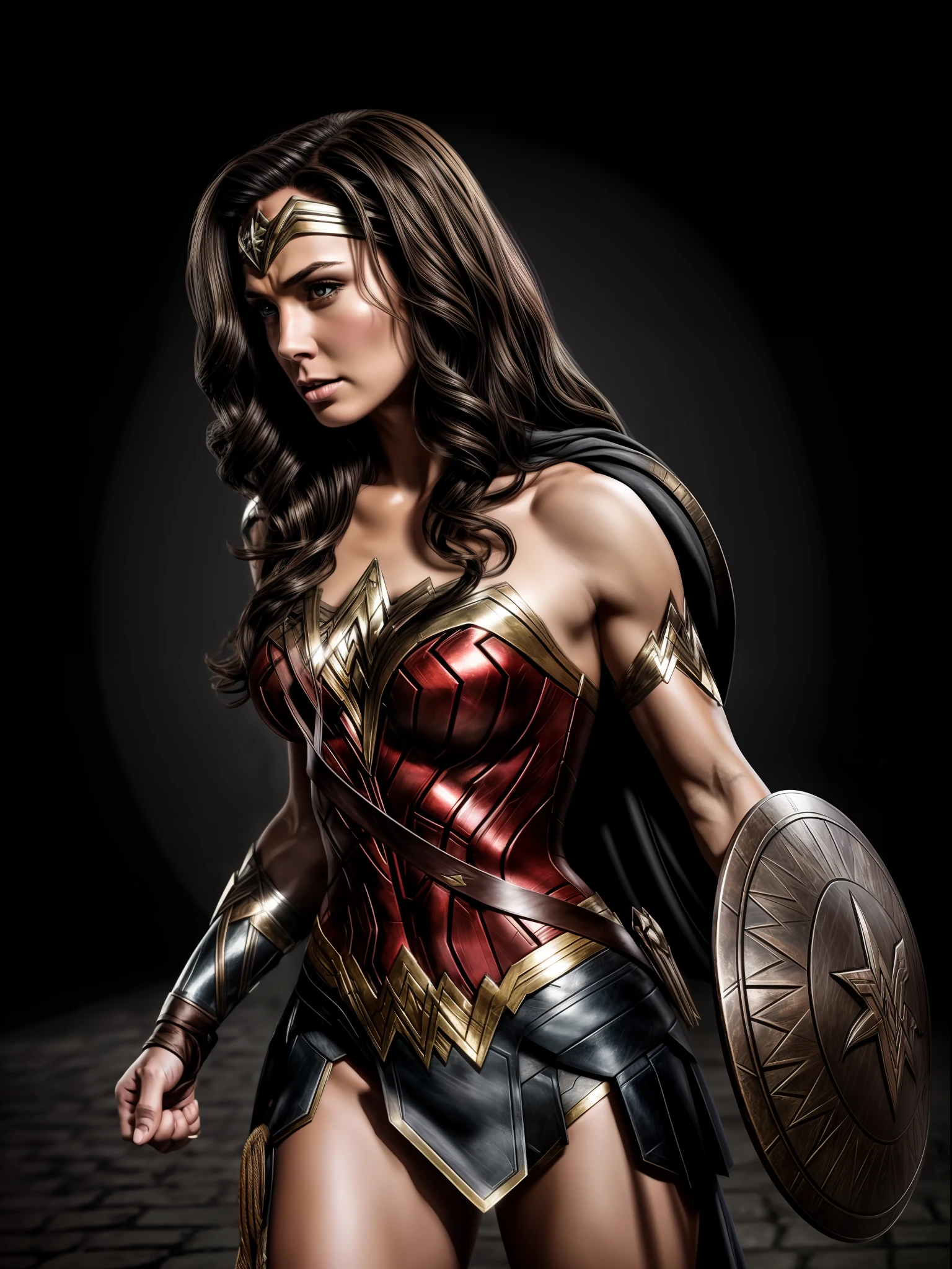 Wonder Woman Image, Dark Style Clothes, Female Character, Strong Physique, Wallpaper Style, Tabby, Detailed Image, Realistic, True to Series, Cinematic Setting, Dark Shadow Style, Realistic, Detailed, High Quality Resolution, Dark Style