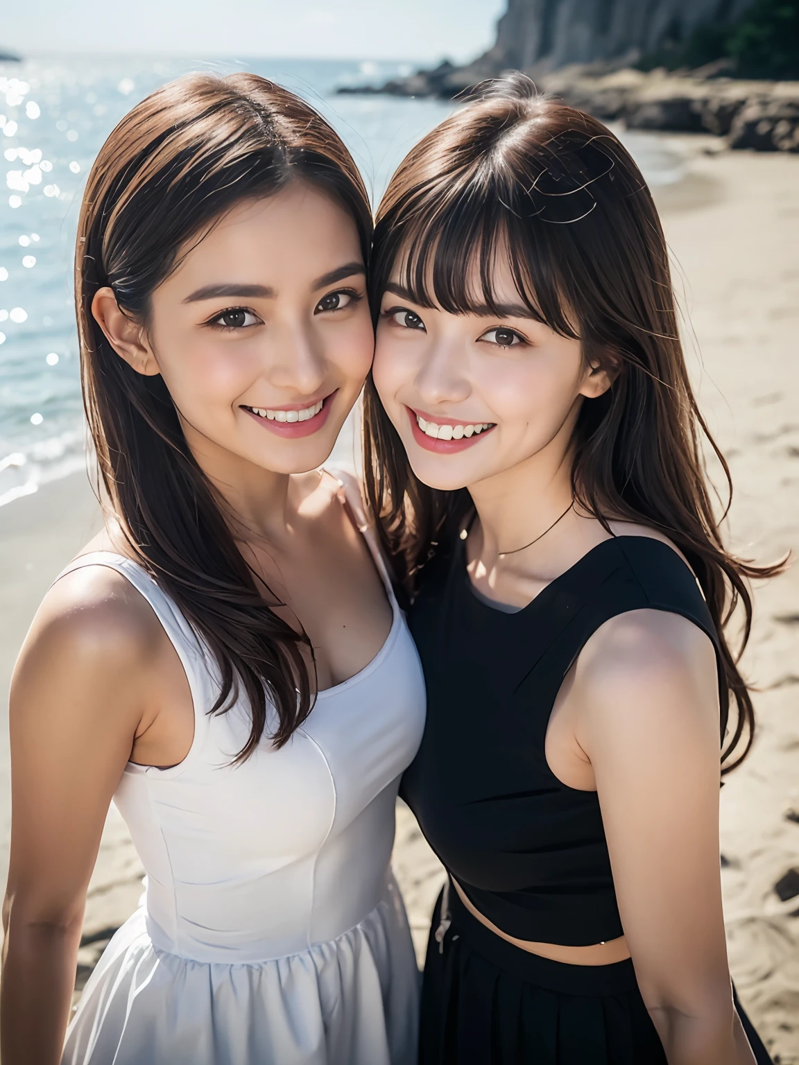 (8K、RAW photography、top-quality、tmasterpiece:1.2)、ultra - detailed、Hyper-Resolution、(hyper realisitc:1.4)、(Use the kiss you throw as a camera)from the above、camera shot from above、Shoot the camera angle from above、I look at this with upward eyes、Arms outstretched、Arms spread wide、Use high-quality images taken from above with your camera、(5 girls 1:1.4),(girl on the beach:1.3)、、Offshore girls(dreamlike lighting)Head to waist、、white skinned、Fair-skinned female proofreading、super high image quality、、Beautiful female proofreading reflecting in light、astonishing detail、Beautiful girls in very detailed、(Faces with different patterns1:1.2)、(Different facial emotions 1:1.3)、Each hairstyle has its own characteristics、colours々Hairstyles、colours々The hair color shines with a clean sheen、I love fishing on the boat、Brown hair shining in the light、One has a ponytail、、Modern cute girl、very detailed faces very detailed eyes、Very realistic skin、 Extremely detailed fingers, Highly detailed nose, highly detail mouth, perfect anatomia, (Off-the-shoulder ta costume 1:1.2)、、Their hair details sparkle、Hot teeth and smiles、Realistic body, white skinned, glistning skin, Slim body, Long straight hair, (Blunt bangs:1.2), , nixeu and sakimichan, twice, seifuku, sakimichan, promotional still, lalisa manobal, alena aenami and lilia alvarado