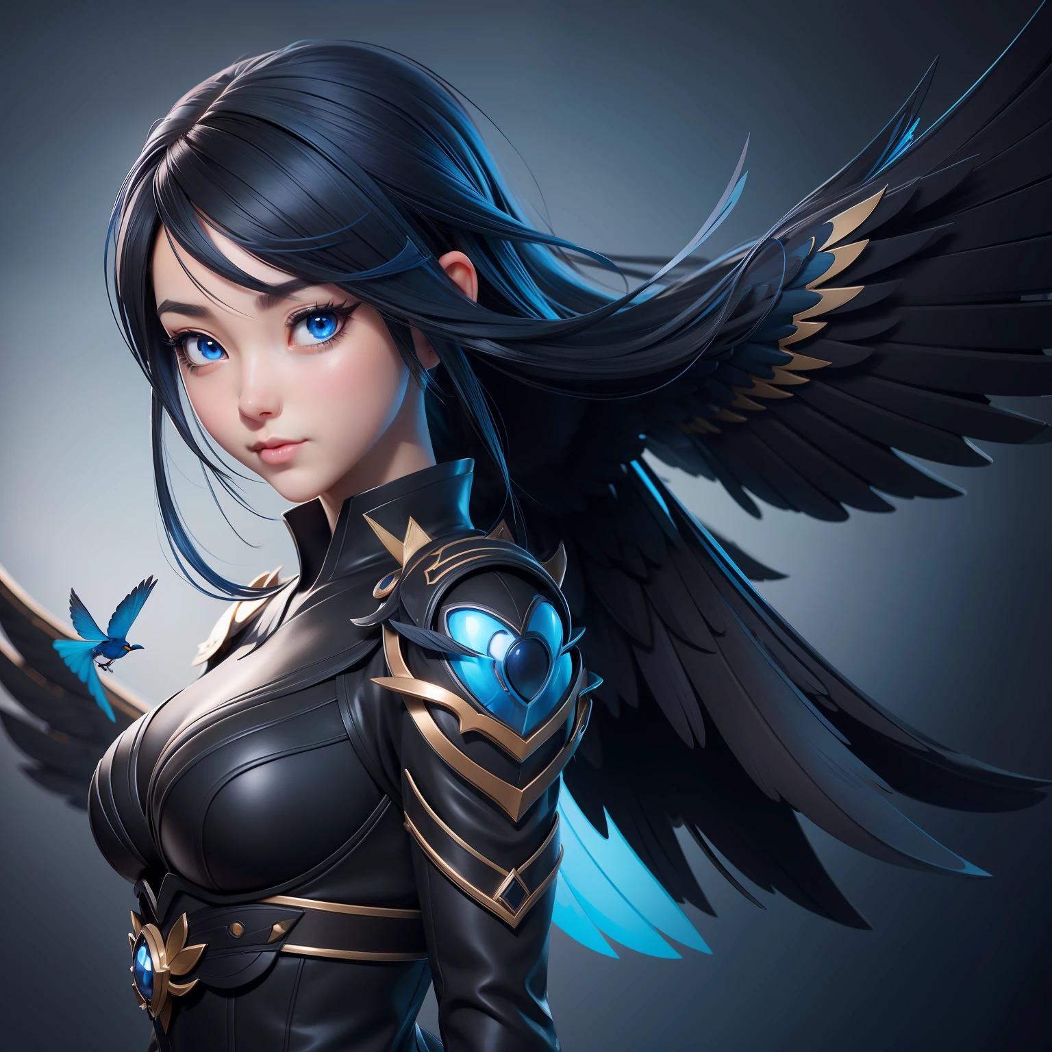 a beautiful anime girl in a black costume with blue wings and a Twitter blue bird flying nearby her head, extremely detailed artgerm, ig model, on art station pixie, anime illustration, ross-draws, ross tran 8k, Ultra detail, high resolution, super detail, best quality, the background had an X letter