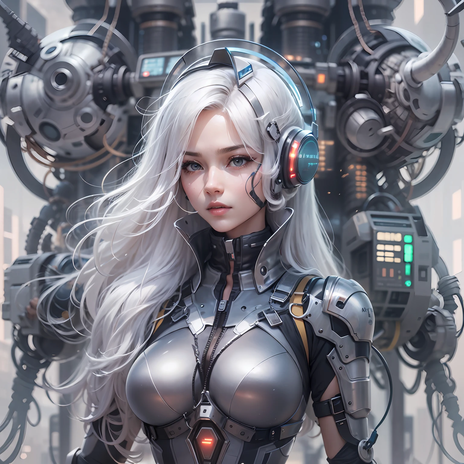 one-girl,In the mechanical city of the future,Delicate face,Wear a high-tech electronic helmet,The body is semi-mechanical,Exaggerated waist-hip ratio,Bigchest,big assa,long whitr hair,Silver hair,