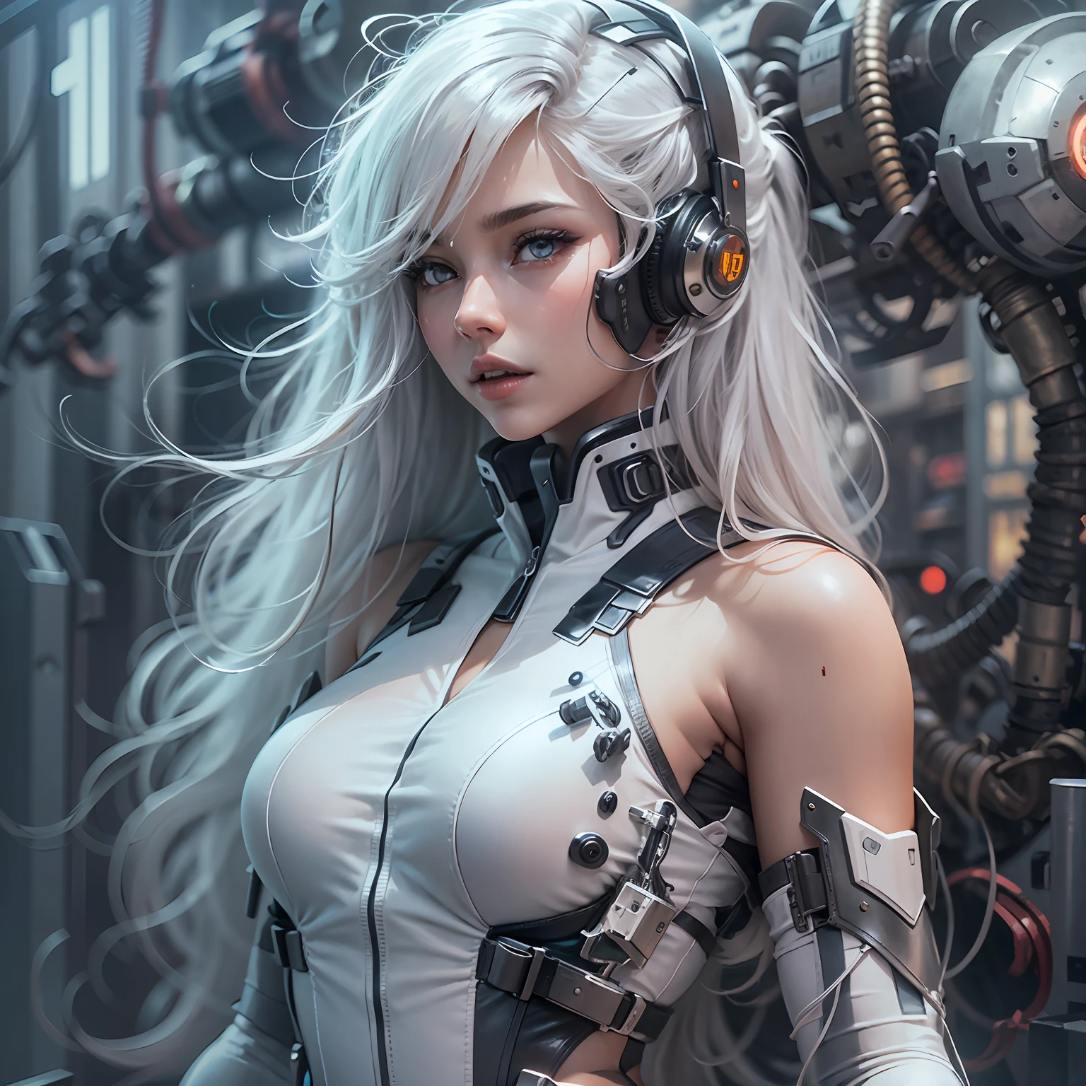 one-girl,In the mechanical city of the future,Delicate face,Wear a high-tech electronic helmet,The body is semi-mechanical,Exaggerated waist-hip ratio,Bigchest,big assa,long whitr hair,Silver hair,