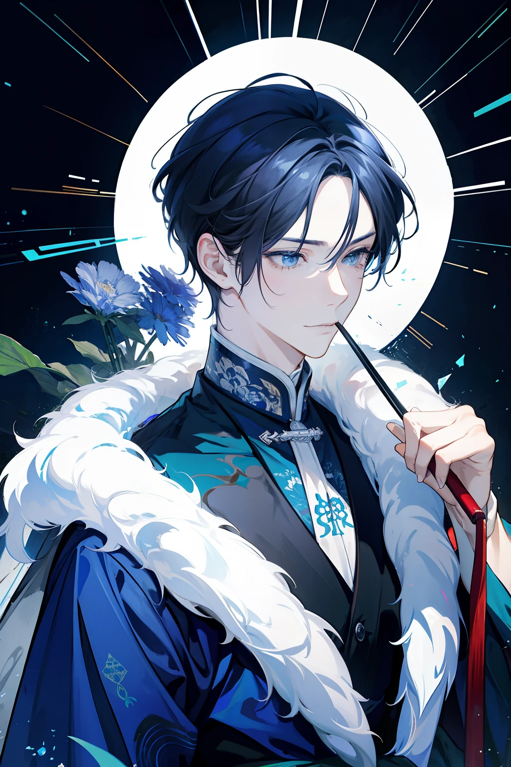 (hoang lap,A high resolution,ultra - detailed),1male people,AS-Adult,handsome,Tall muscular man,a broad shouldered,finely quality eyes,white color hair,fanciful,Intricate patterns,详细的脸,thrones,Magic effects,best ratio four finger and one thumb,icey,Bitter cold,cold snap,ssmile,(Dutch angle),Keep one's mouth shut,Blue eyes