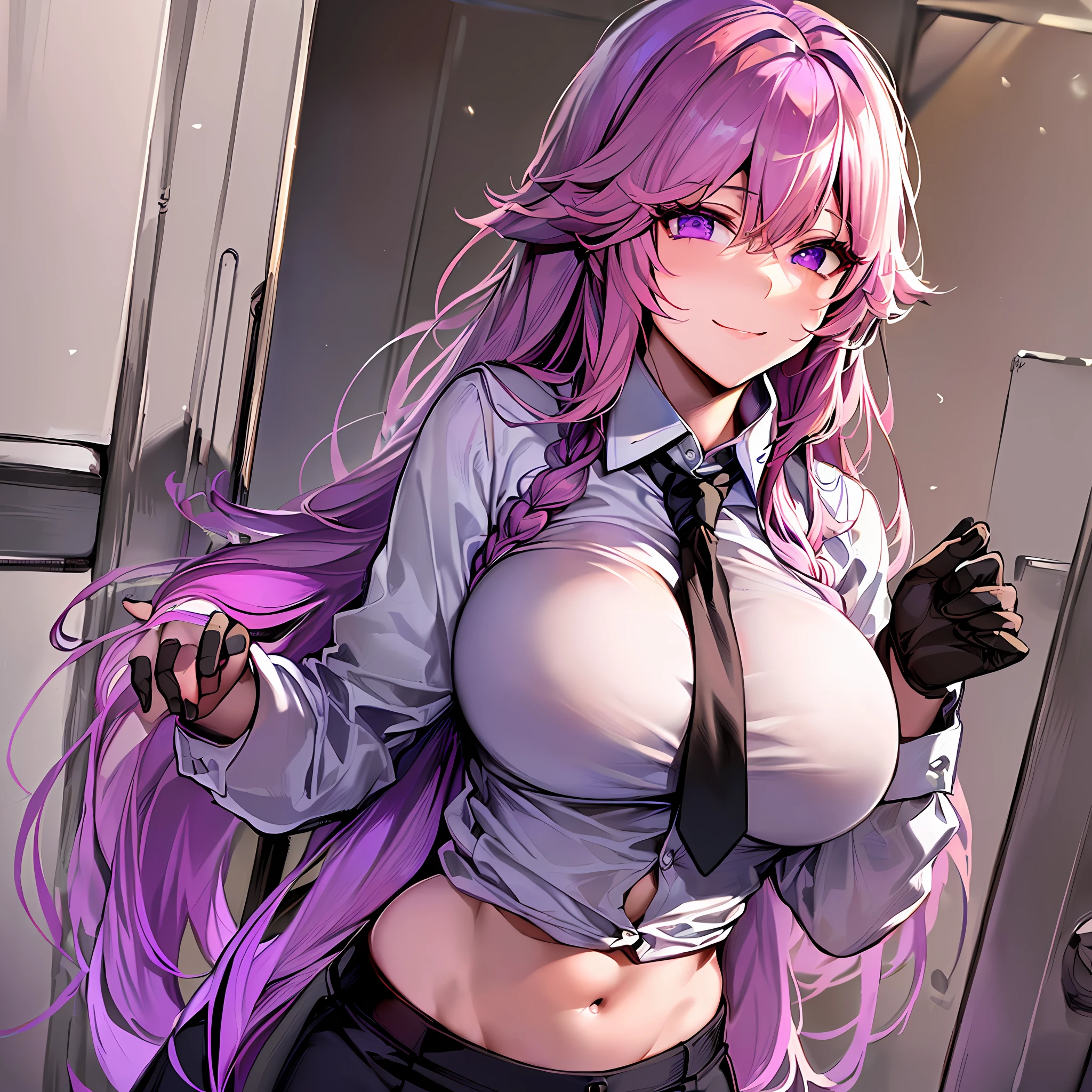 ((masterpiece)), (best quality), beautiful, extremely detailed face, perfect lighting,ultra-detailed,((expressionless)),((cold attitude)),((tsurime)),((tareme)),breasts,((Mature female)),((gym yae miko, long hair, smile, bangs, (big breasts:1.2), (purple eyes:1.2), braid, pink hair, braided ponytail, ringed eyes,
shirt, long sleeves, white shirt, necktie, collared shirt, pants, black pants, formal, suit, black necktie, shirt tucked in, office lady,
Perfect female body,(slim waist),abdominal muscles,linea alba,
1girl, (multiple penises:1.0), (surrounded:1.0), (too_many:1.0), (multiple boys:1.0), face, close-up,  on face,,