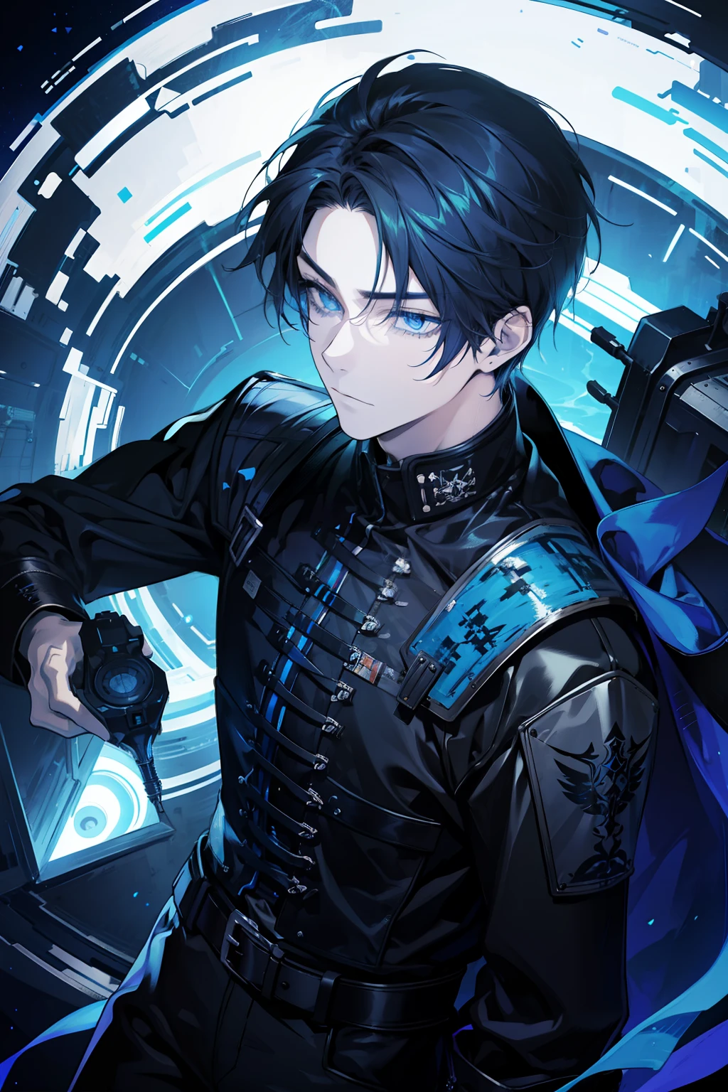 (absurderes,A high resolution,ultra - detailed), 1 man, AS-Adult, handsome, tall muscular guy, a broad shouldered, Fine Detailed Eyes, intricately details, Very short hair, Undercut, junk, serious expressions, Big arms, deep colour, Old leather jacket, white t - shirt, Medieval black-legged armor pants, Neon motion stream, Glowing lights, Grenade launcher armament, Bright blue energy flow, edge lit, SF, apocalytic, looking from above,(Dutch angle),Keep one's mouth shut,blond hairbl,blue colored eyes