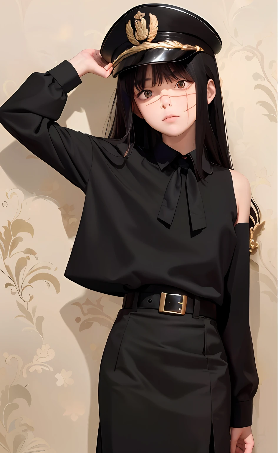 (masterpiece, best quality: 1.2), Solo, 1girl, Yoru \(Chainsaw Man\), looking right, disappointment, sad, different poses, red eye, long hair, completely black hair, reference to dress of a German general of World War II, black long sleeves, black tie, clanca shirt, (best quality), scar on face, beautiful eyes, has only 2 arms, has war medals on his clothes, Black Military Cap, Golden Eagle Medal on Clothing, (wallpaper), (8K HD), (8K HD), Golden shoulder pads, Sprites, 1 single design, presenting armpit, side boob, arm up,