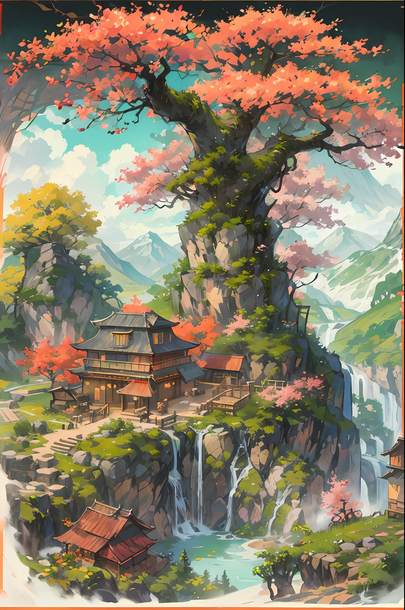 Chinese Antiquity、(A huge ancient tree、flourishing)thatched hut、springtime、jungles、lakes、hole in the mountains、waterfallr、grassy fields、Rochas、hot onsen、hydrosphere、(illustratio:1.0)、Epic composition、Realistic lighting、high definition detail、tmasterpiece、Best quality,(非常详细的 CG 统一 8k 壁纸)
