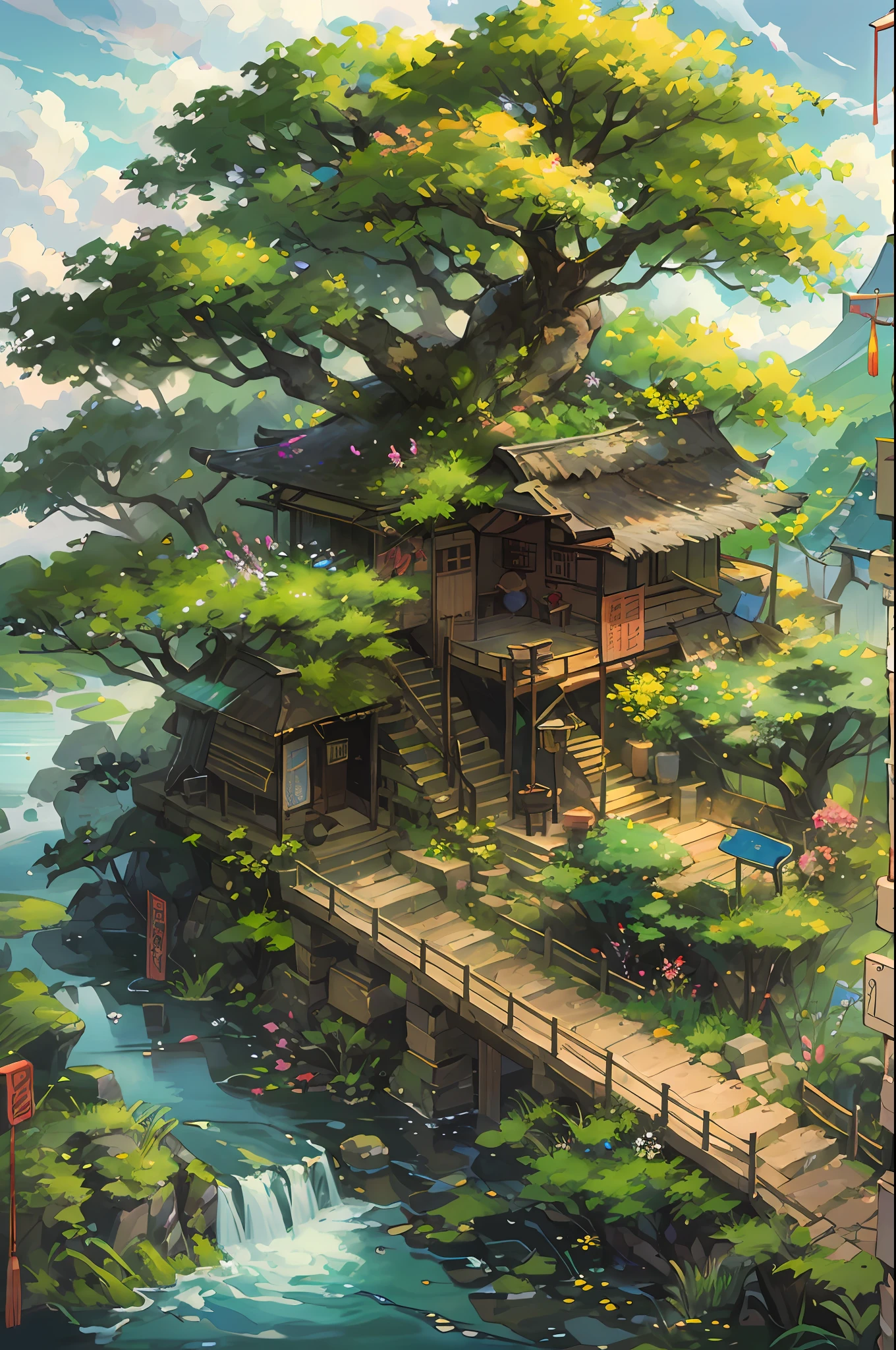 Chinese Antiquity、(A huge ancient tree、flourishing)thatched hut、springtime、jungles、lakes、hole in the mountains、waterfallr、grassy fields、Rochas、hot onsen、hydrosphere、(illustratio:1.0)、Epic composition、Realistic lighting、high definition detail、tmasterpiece、Best quality,(非常详细的 CG 统一 8k 壁纸)