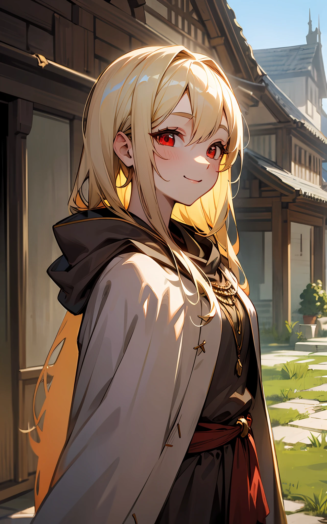 top-quality、hight resolution、detaileds、Beautiful Girl of the Demon Tribe、a blond、Wearing a gray cloak、countryside village、red eyes、Medieval fantasy worldview、A smile、