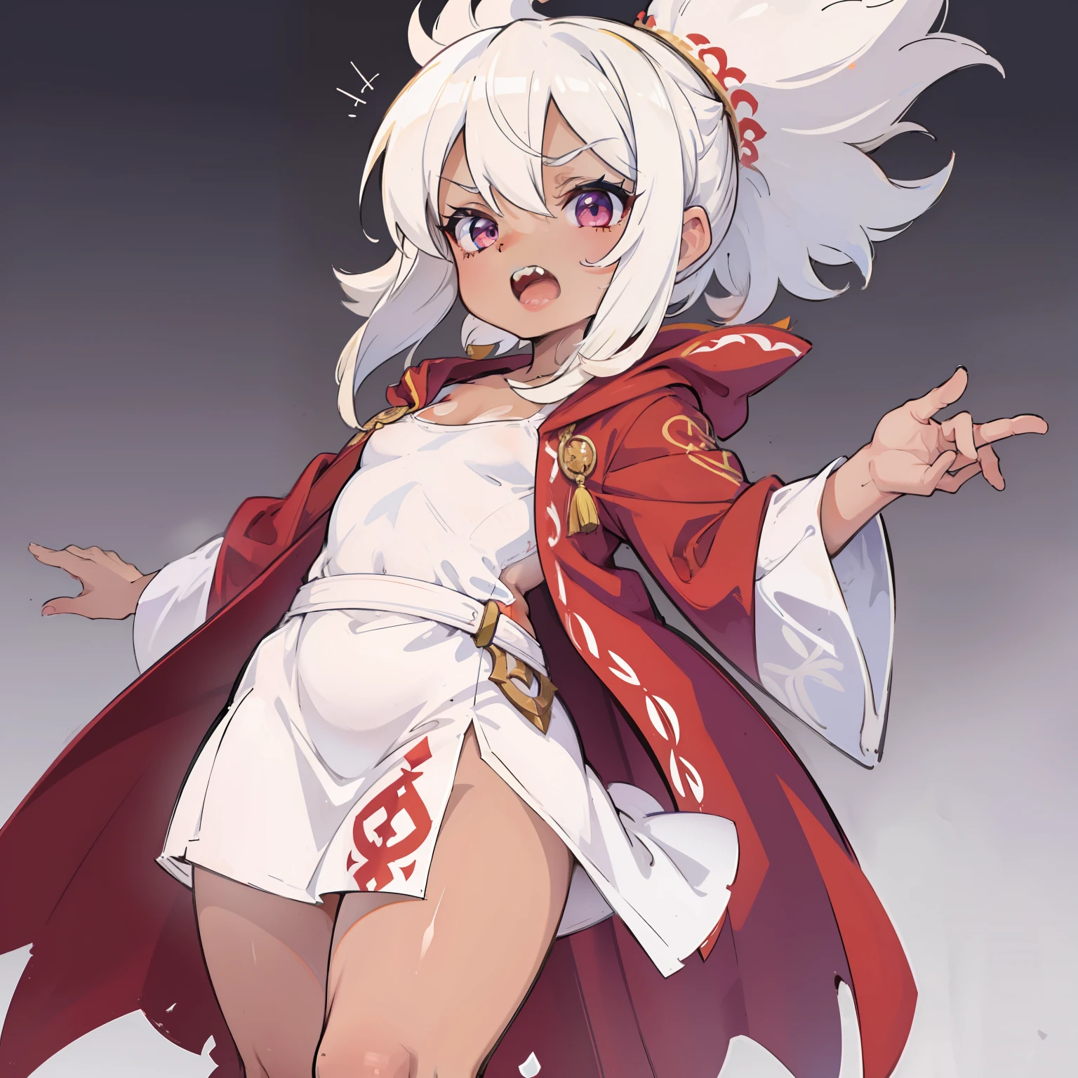 1woman, tanned skin, short white hair, muscular, (wearing embroidered robe), open mouth, sharp teeth