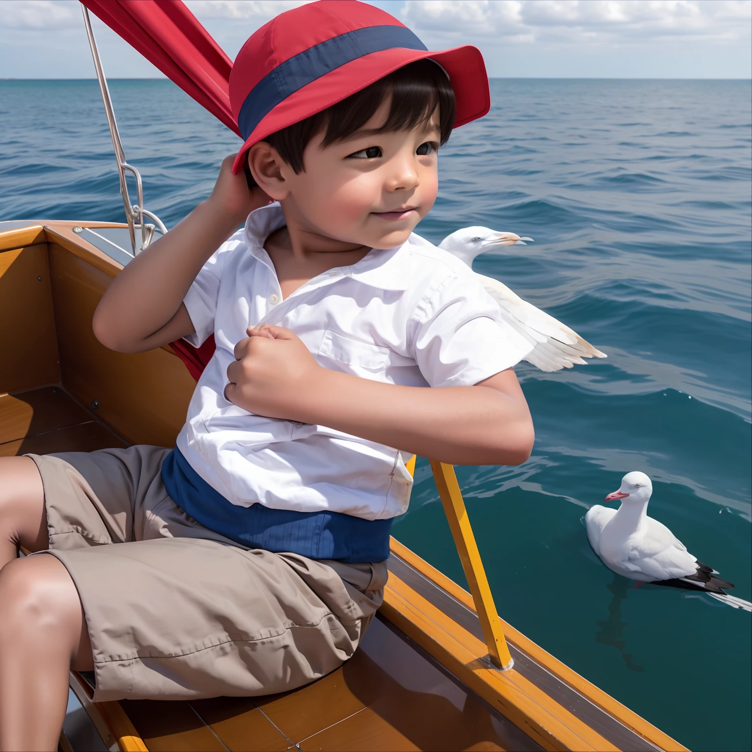 (dynamic compositions:1.4)detail-rich,A sits at the bow of the boat,Sail ships,Seagulls fly in the air