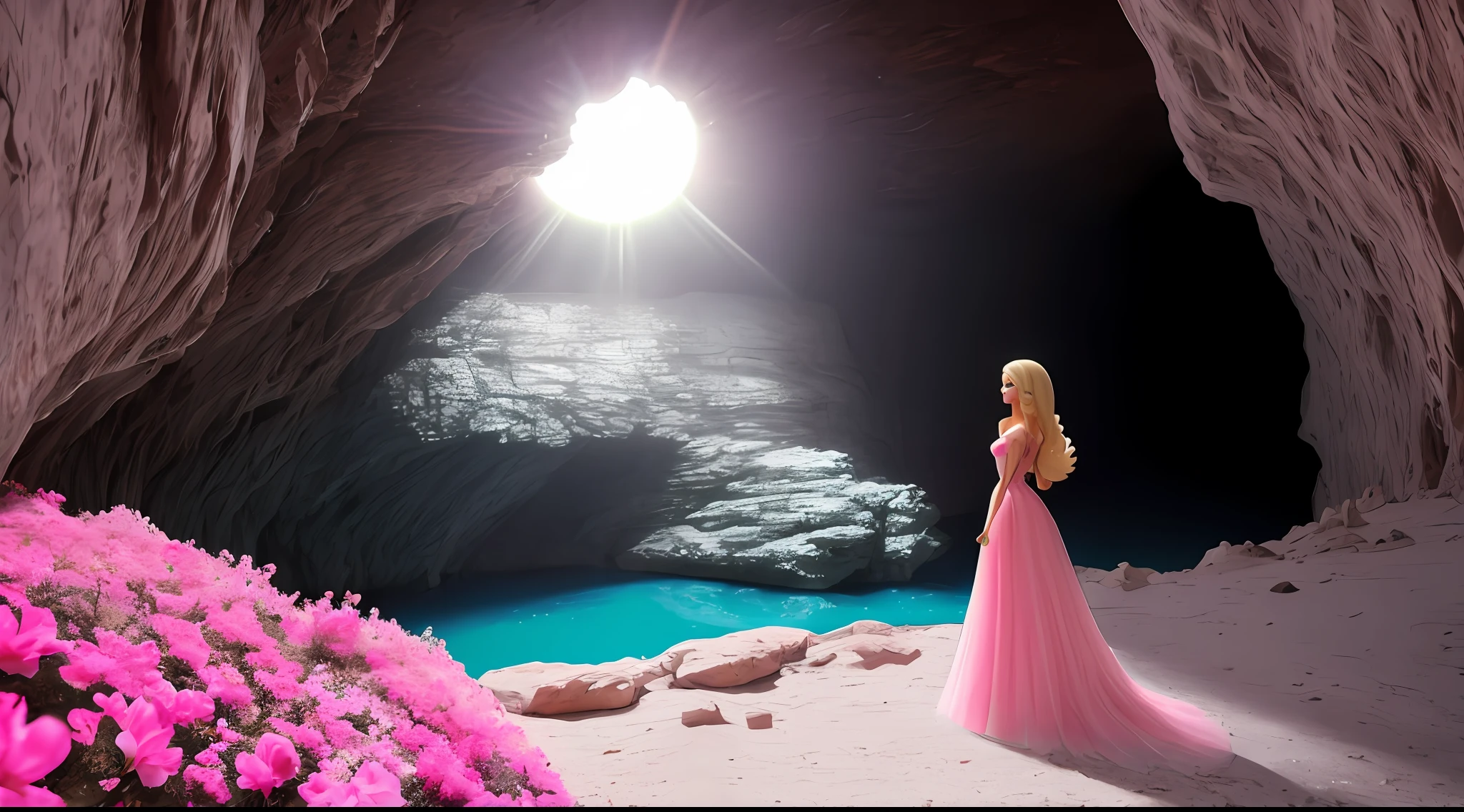 A cena deve mostrar a Barbie em um vestido rosa, segurando uma tocha e saindo de uma caverna, where she sees the sun and the real world for the first time. A cena deve ter um contraste entre o escuro e o claro, o artificial e o natural, Illusion and truth. The scene should also have a logo with the words Barbie 2023 and a caption with the phrase: What if all you ever knew was a lie?