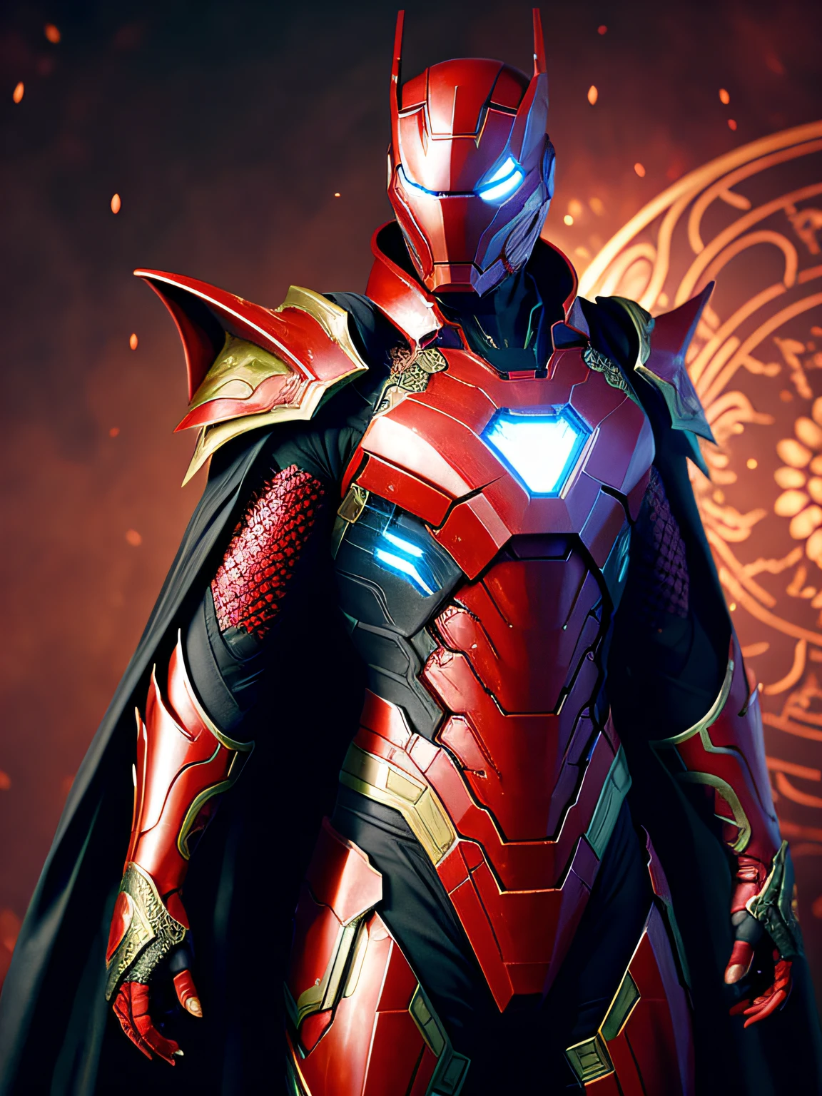 Dragon Scale Warframe,The armor is embedded with dragon scales,Red-black dragon scales,There is a cape,Handsome,Domineering,Refer to the Iron Man Warframe,Chinese fairy tale background,The upper part of the body,
