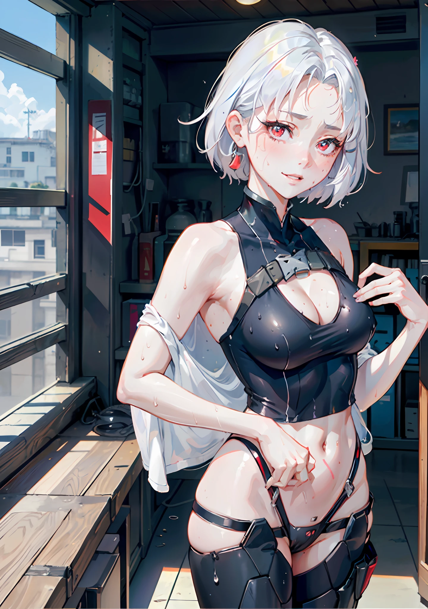 (masterpiece, best quality, high resolution), 1girl, white hair, red eyes, average breasts, blush, light smile, parted lips, glow, thighs, bare shoulders, collarbone, narrow waist, sunbeam, sunlight, rose, wind, cleavage, (beautiful detailed face, beautiful detailed eyes), (white tank top, wet clothes, braless, see-through, no pants, cameltoe), (sweat), (naked), (portrait shot), beach