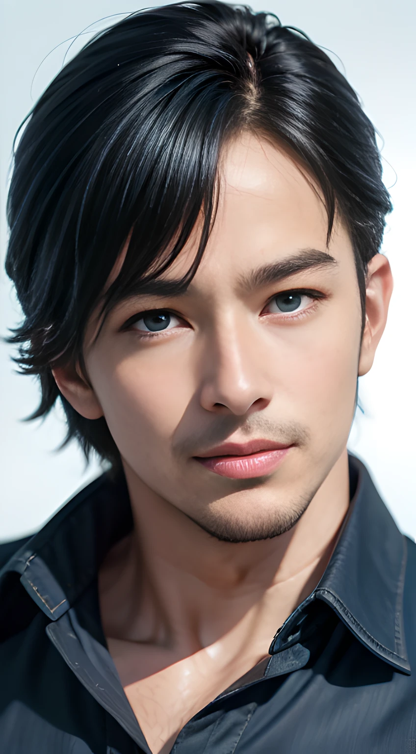((Men only)), (head shot), (frontal face), (Handsome muscular man), ( light blue dress shirt),  White wall on background, Blue eyes, (Blue hair), chris redfield, Mischievous smile, (detaile: 1 in 1), Natural muscles, HIG quality, beautidful eyes, (Detailed face and eyes), (Face、: 1 / 2), Noise, Real Photographics、... ...............................................................................PSD, Sharp Focus, High resolution 8K, realisitic & Professional Photography, 8K UHD, Soft lighting, High quality, Film grain, FujifilmXT3
