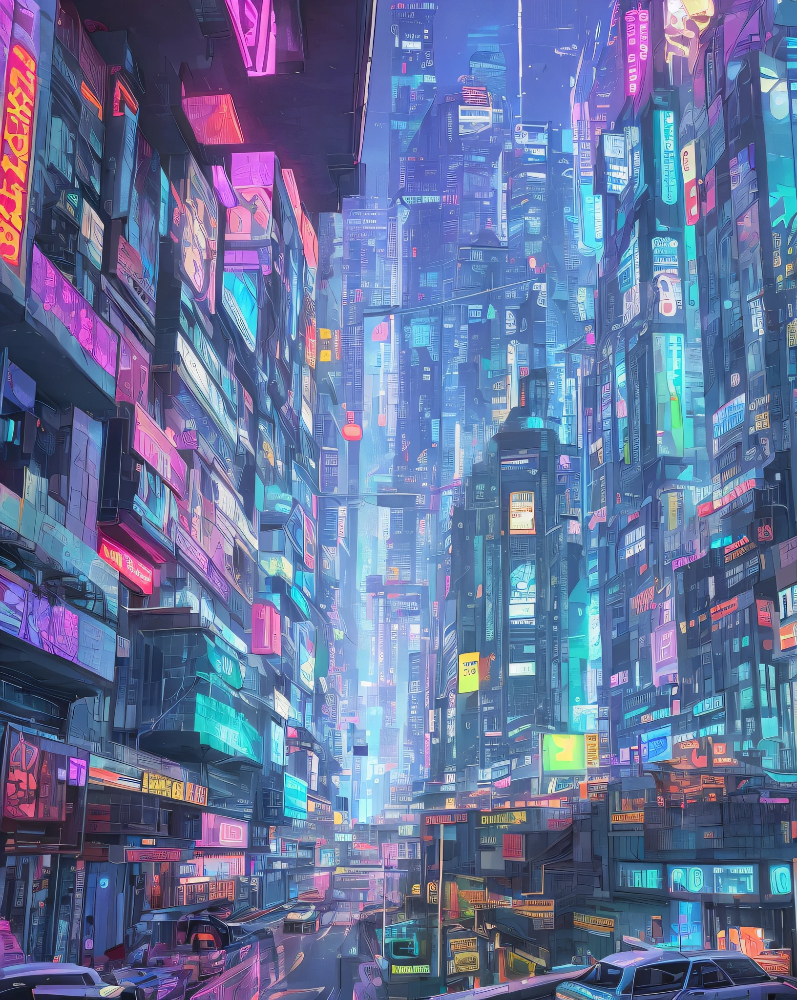 cyberpunk city， A futuristic cityscape with elements of sci-fi and Wes Anderson's signature style. The image has a 16:9 aspect ratio and is captured in a symmetrical, high-saturation design style.

The city is rendered in a bright, bold color palette, with pops of neon pink and vivid blue contrasting against a deep, rich black background. The buildings are tall and sleek, with clean lines and sharp angles that echo the futuristic aesthetic of sci-fi films.

The city is bustling with activity, with futuristic cars soaring through the sky and robots moving about their tasks, while citizens navigate the busy sidewalks below. The scene is full of life and energy, with the futuristic architecture creating an almost surreal, dreamlike atmosphere.

Wes Anderson's signature style is evident in the symmetrical composition and carefully balanced design of the image. Every element is perfectly placed to create a sense of harmony and unity, while at the same time, the futuristic elements of the scene create an atmosphere of excitement and possibility.

The image is a striking representation of a possible future world that combines the imaginative elements of sci-fi with the eclectic, offbeat style of Wes Anderson, producing a symmetrical, colorful, and exciting scene that is both awe-inspiring and inspiring.