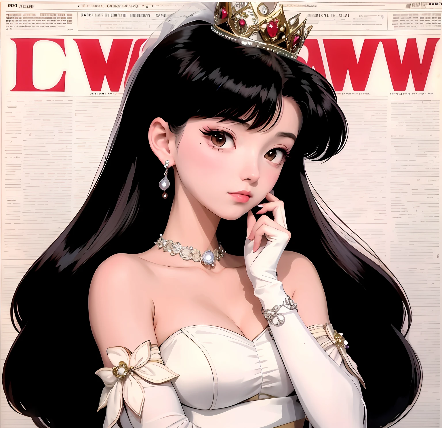 Close-up of woman in wedding dress on magazine cover, rei hino as a princess, Retro anime girl, anime visual of a young woman, 9 0 s anime art style, in the art style of 8 0 s anime, anime woman, 8 0 s anime art style, white hime cut hairstyle, Anime princess, anime barbie in white