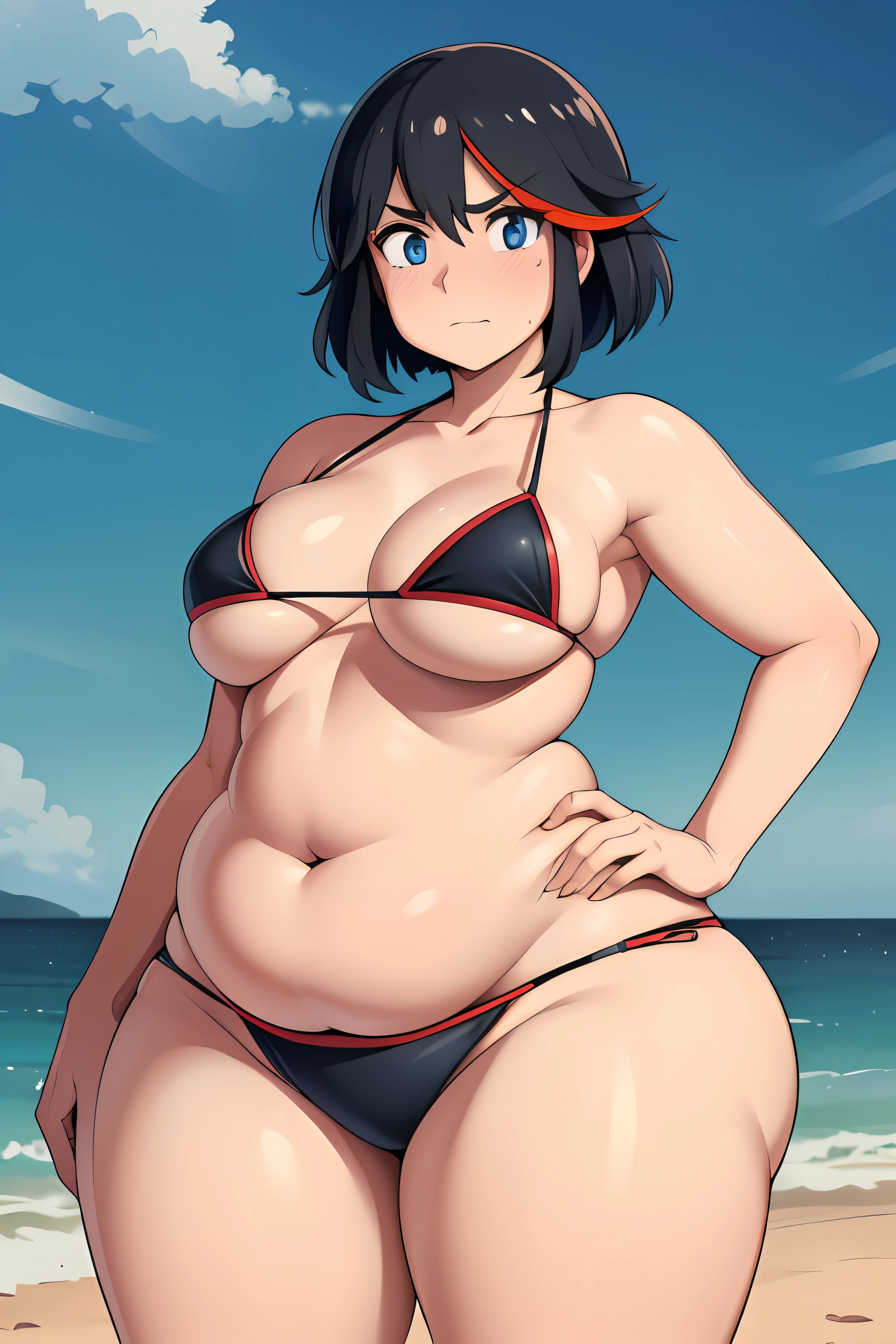 ((kipteitei)), ((masterpiece)), (((best quality))), ((ultra-detailed)), (((illustration))), detailed face, ultra cute face, detailed body, ((Line art)), (in the style of cell shaded), (vivid colors), skindentation, ((1girl)), ((solo)), matoi ryuuko, side tie bikini, undersized bikini, hand on hip, looking at viewer, cowboy shot, blushing, embarrassed, standing on beach, medium breasts, perky breasts, ((wide hips)), (((thick thighs))), thicc, ((fat ass)), ((chubby)), (fat folds),
